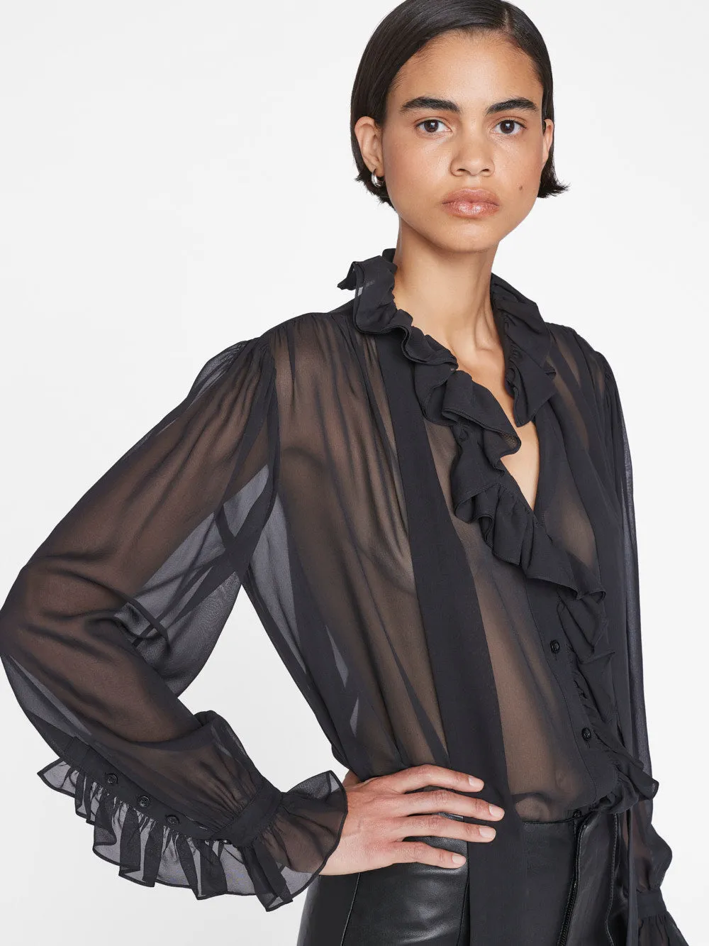 Ruffle Front Button Up Shirt -- Noir
