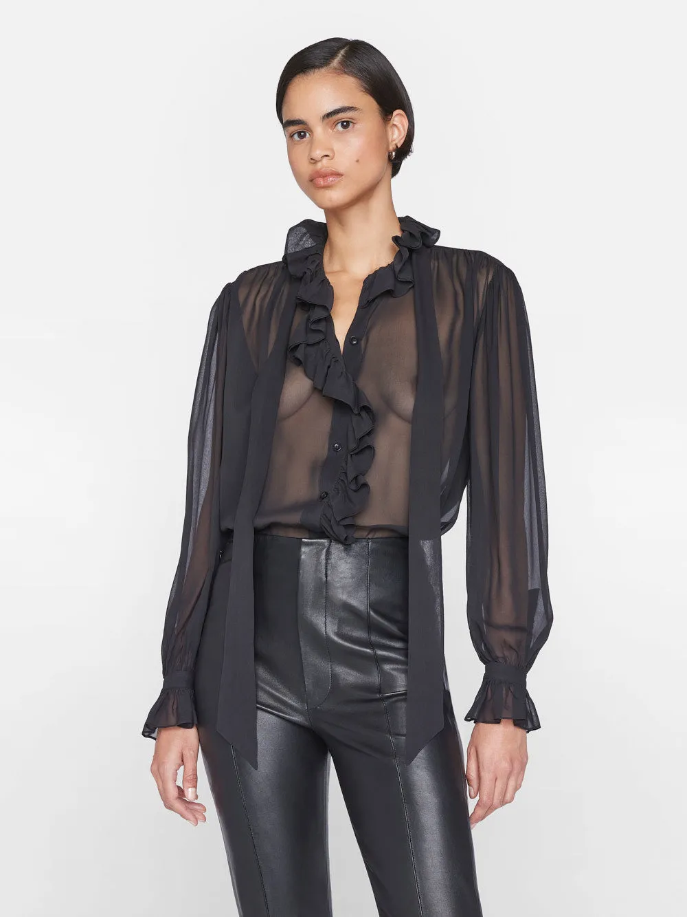 Ruffle Front Button Up Shirt -- Noir