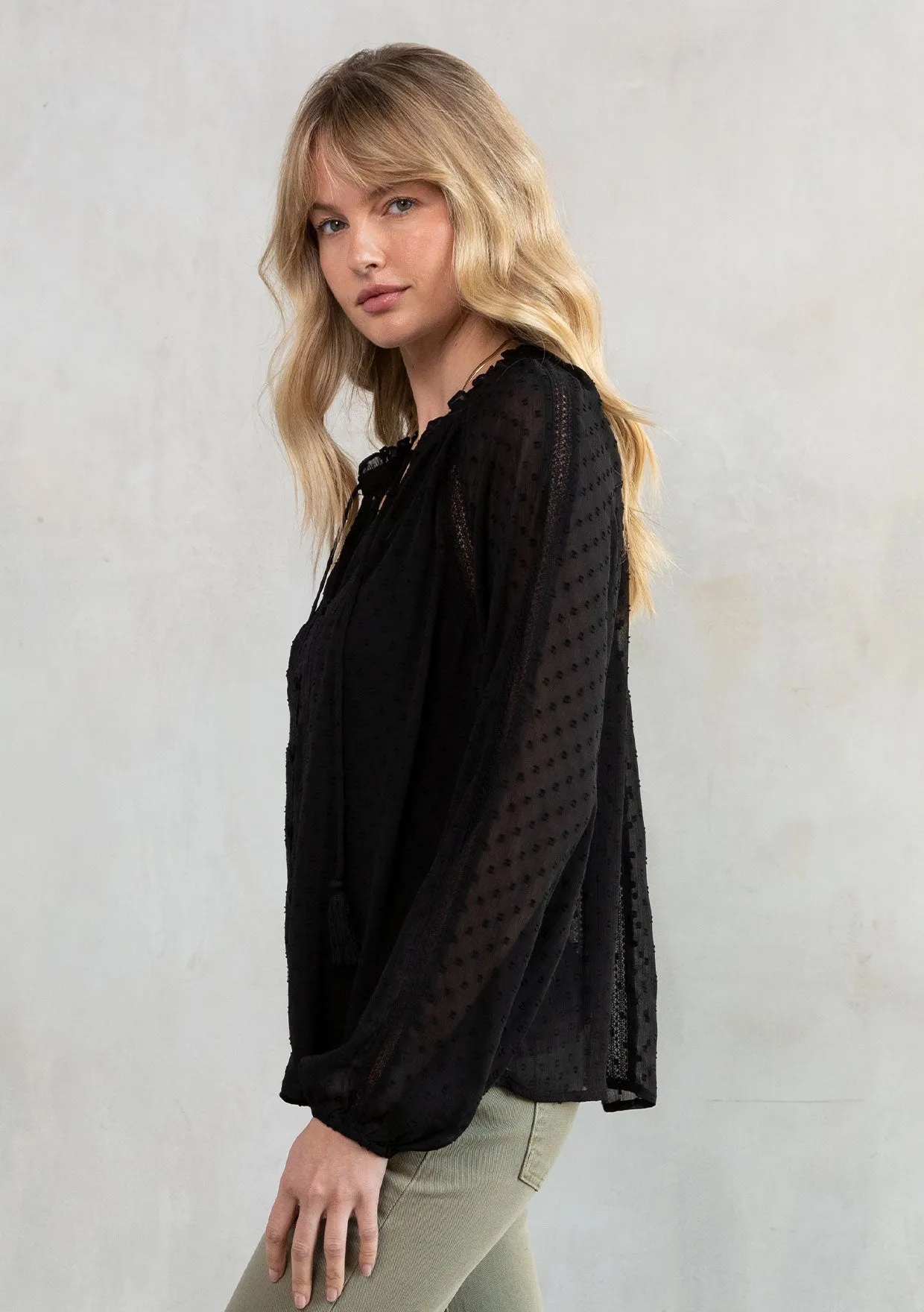 Sheer Chiffon Swiss Dot Holiday Peasant Top