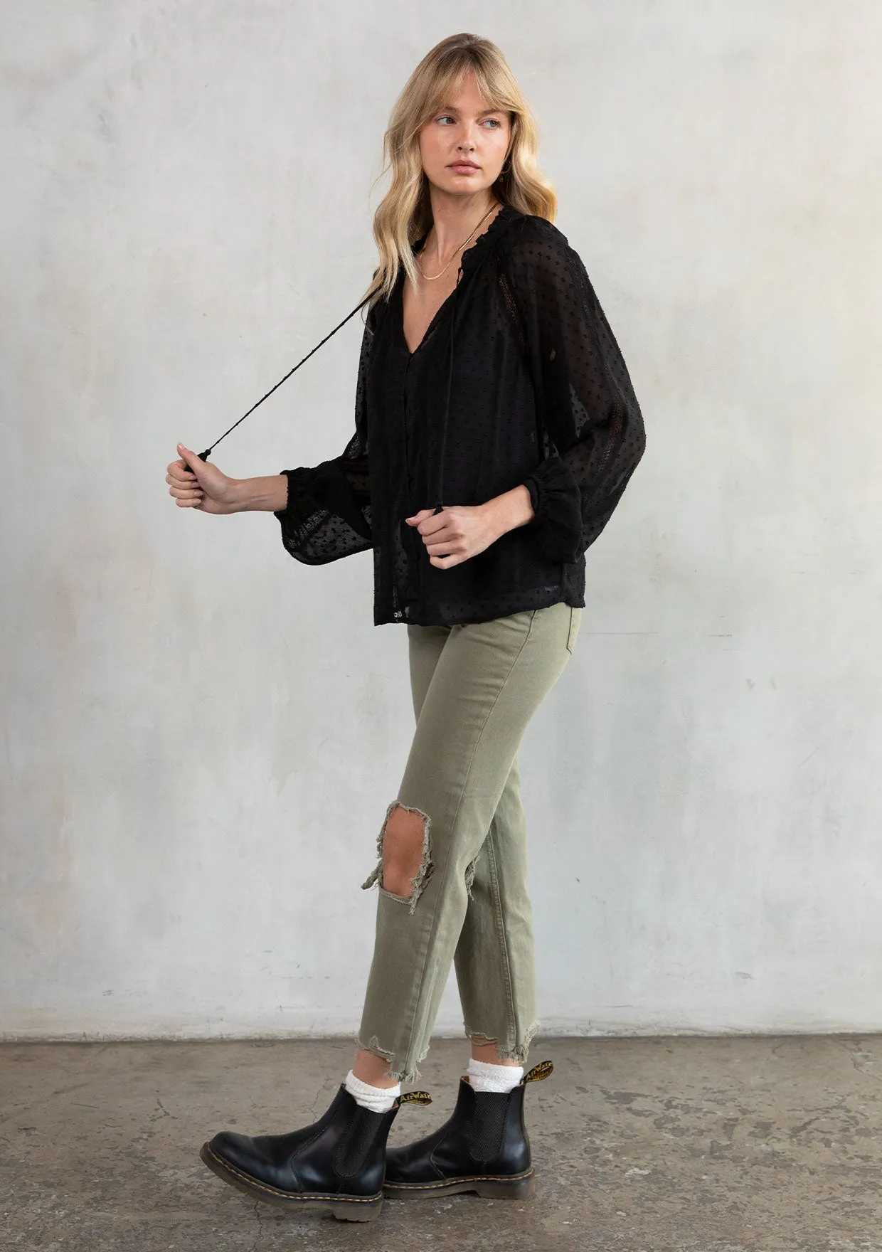 Sheer Chiffon Swiss Dot Holiday Peasant Top