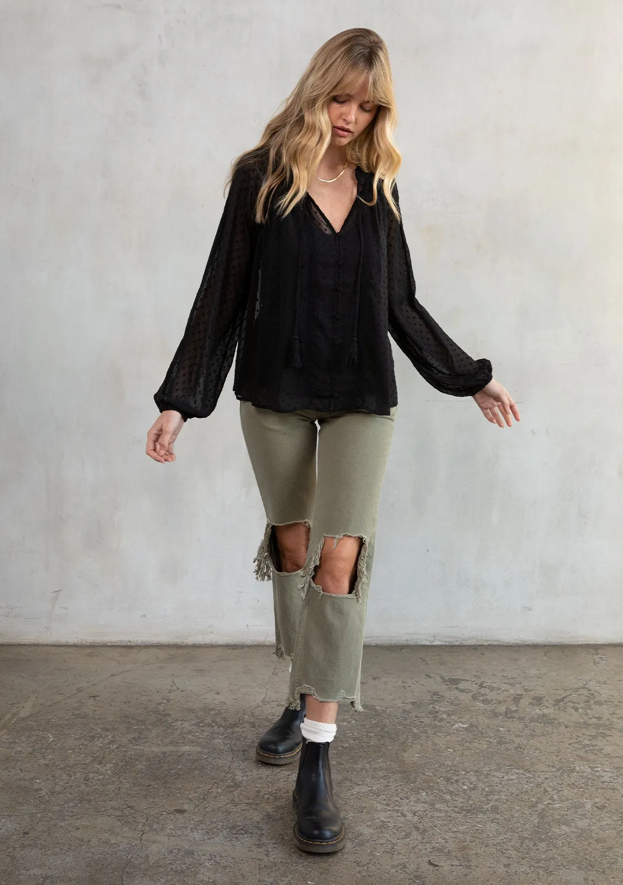 Sheer Chiffon Swiss Dot Holiday Peasant Top