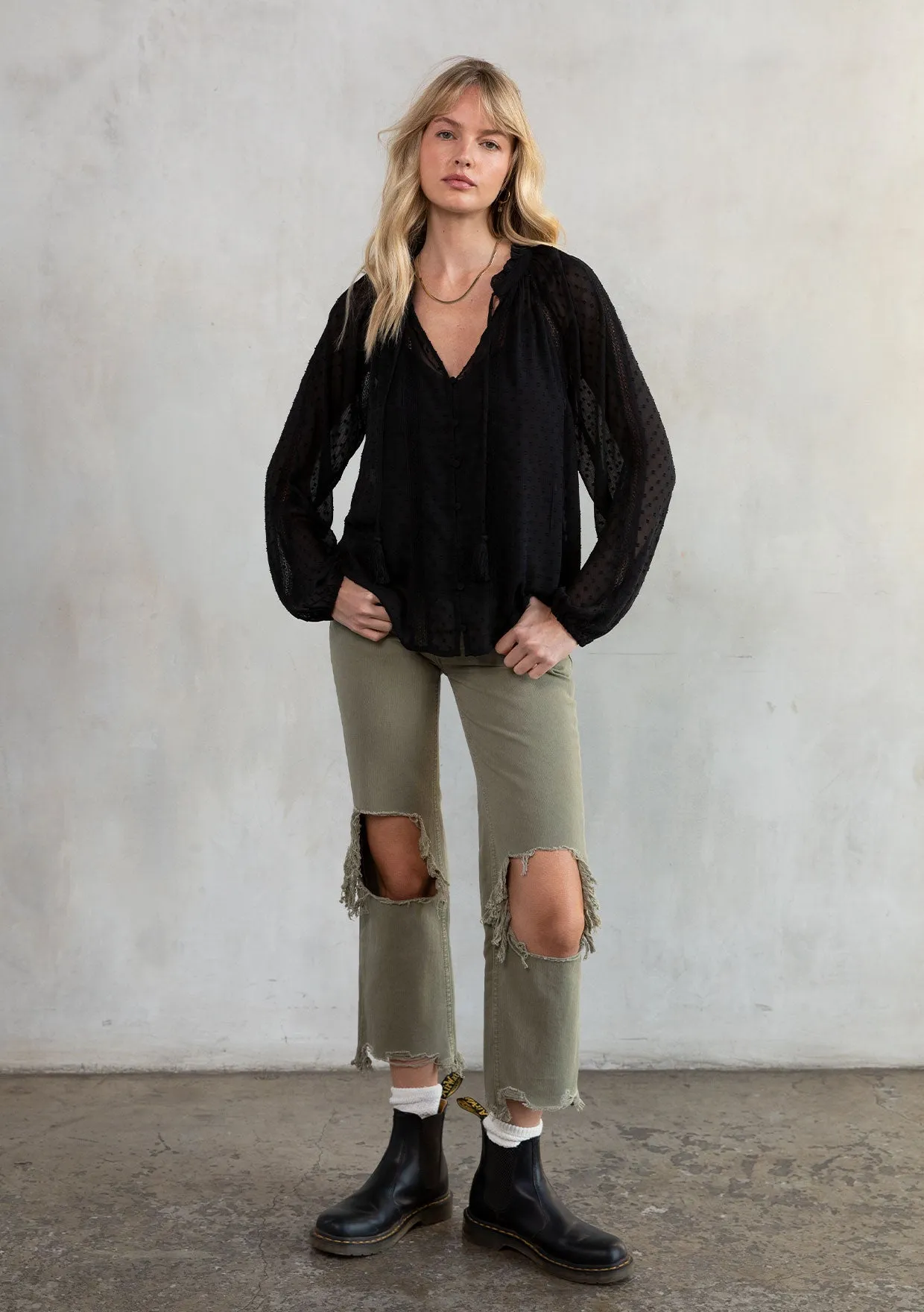 Sheer Chiffon Swiss Dot Holiday Peasant Top