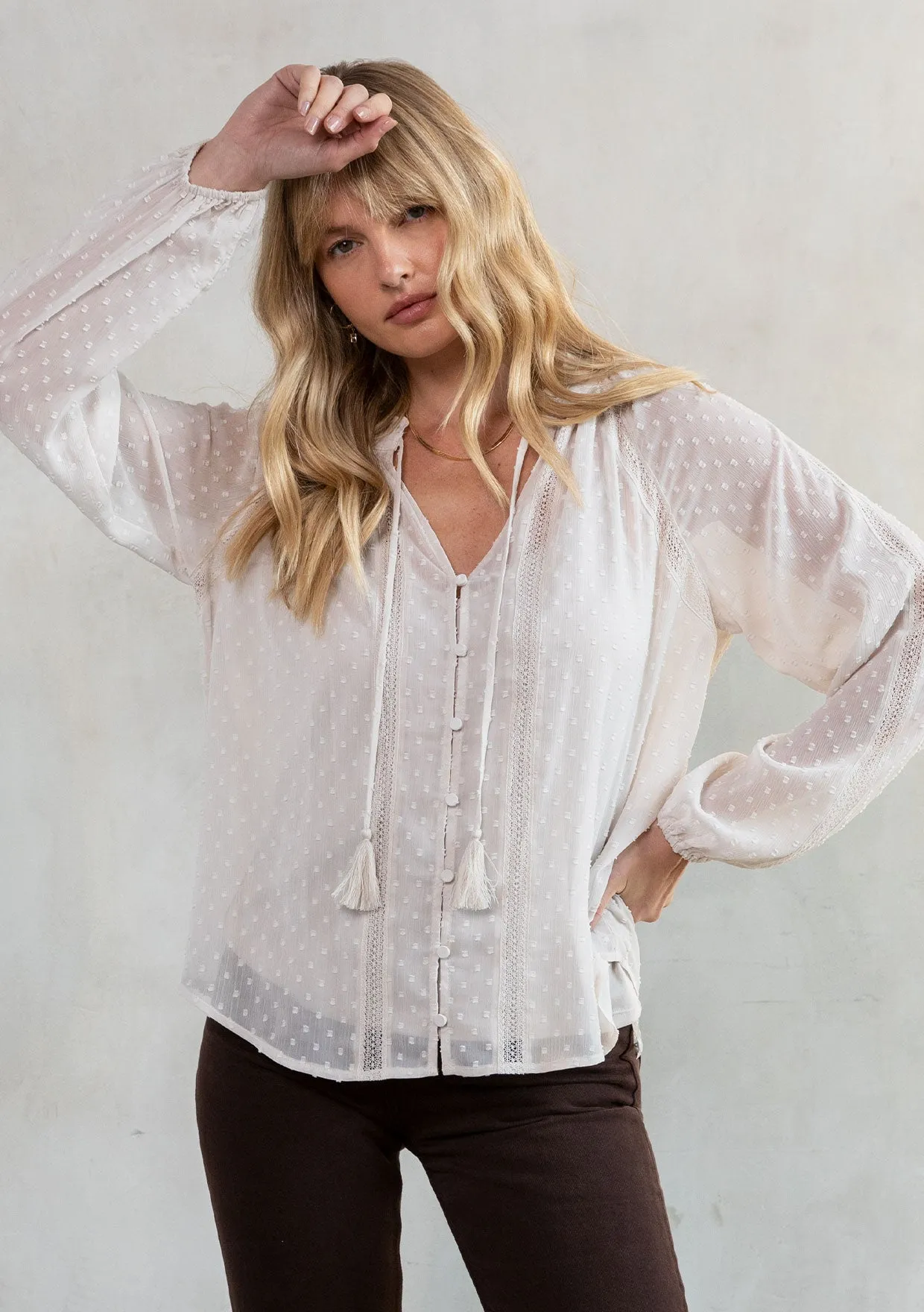 Sheer Chiffon Swiss Dot Holiday Peasant Top