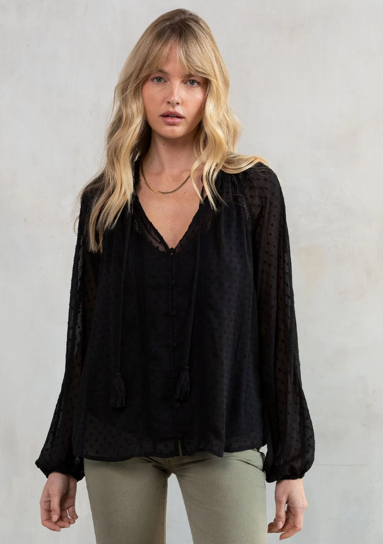 Sheer Chiffon Swiss Dot Holiday Peasant Top