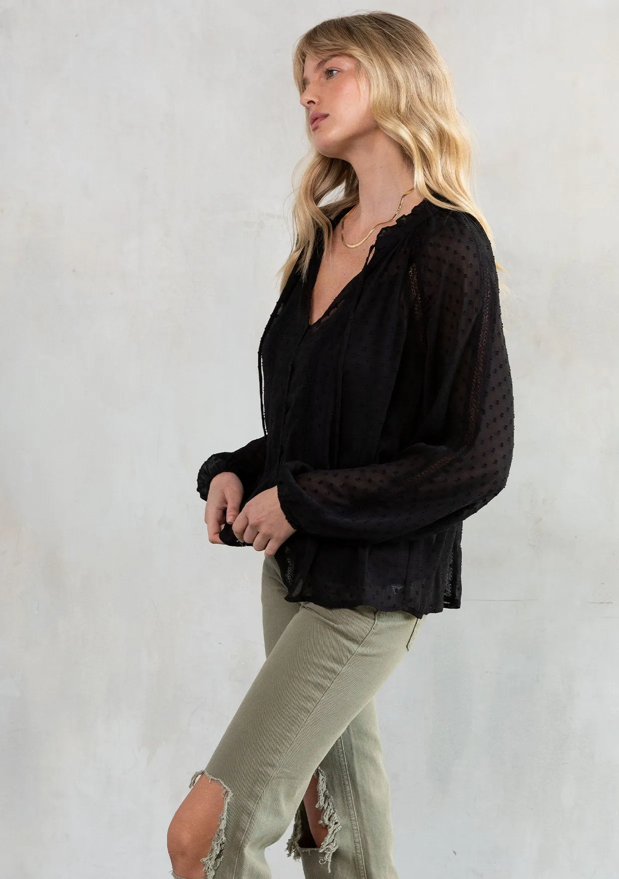 Sheer Chiffon Swiss Dot Holiday Peasant Top