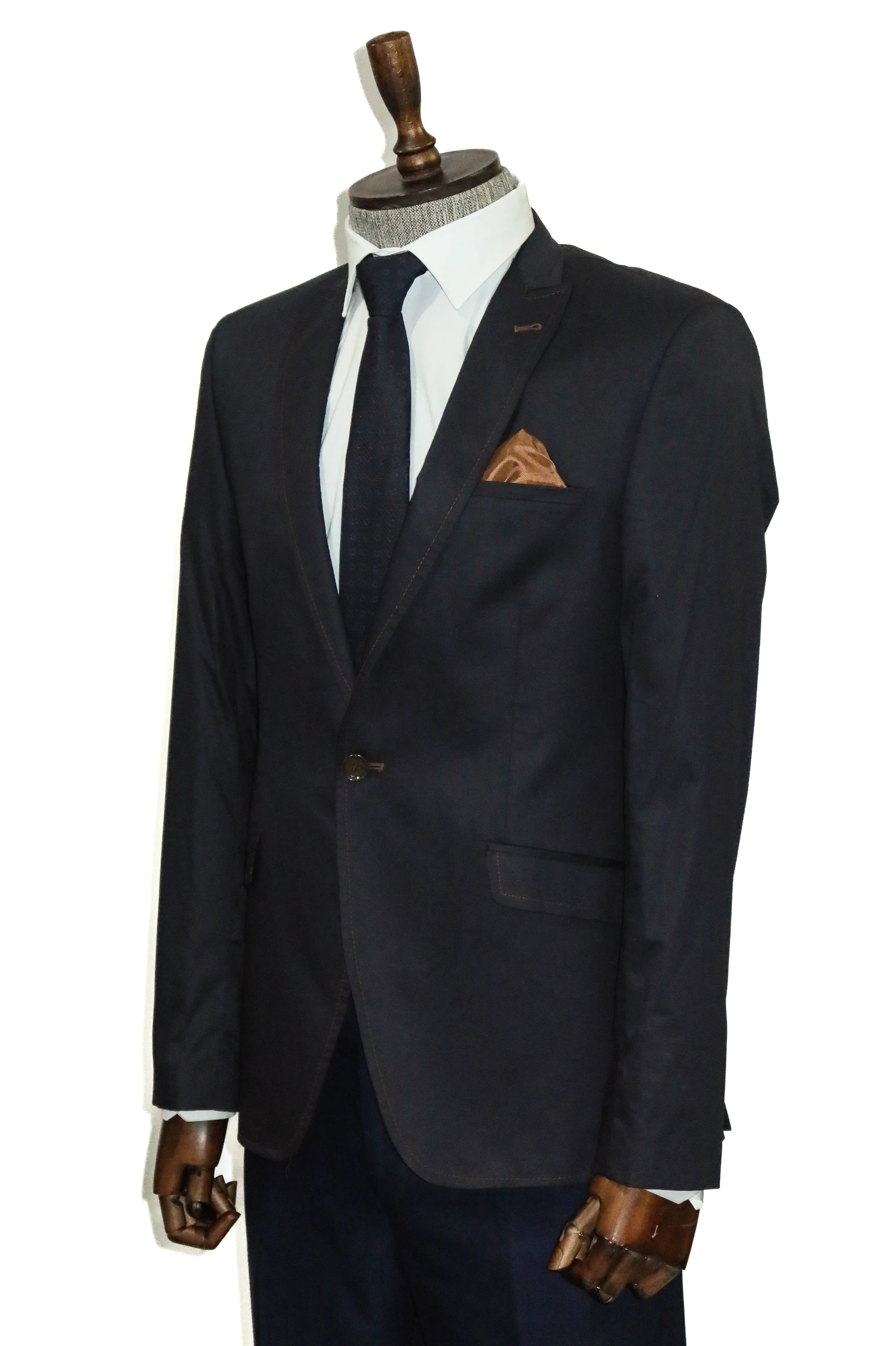 Single Button Cotton Mono Lapel Navy Blue Jacket-Wessi