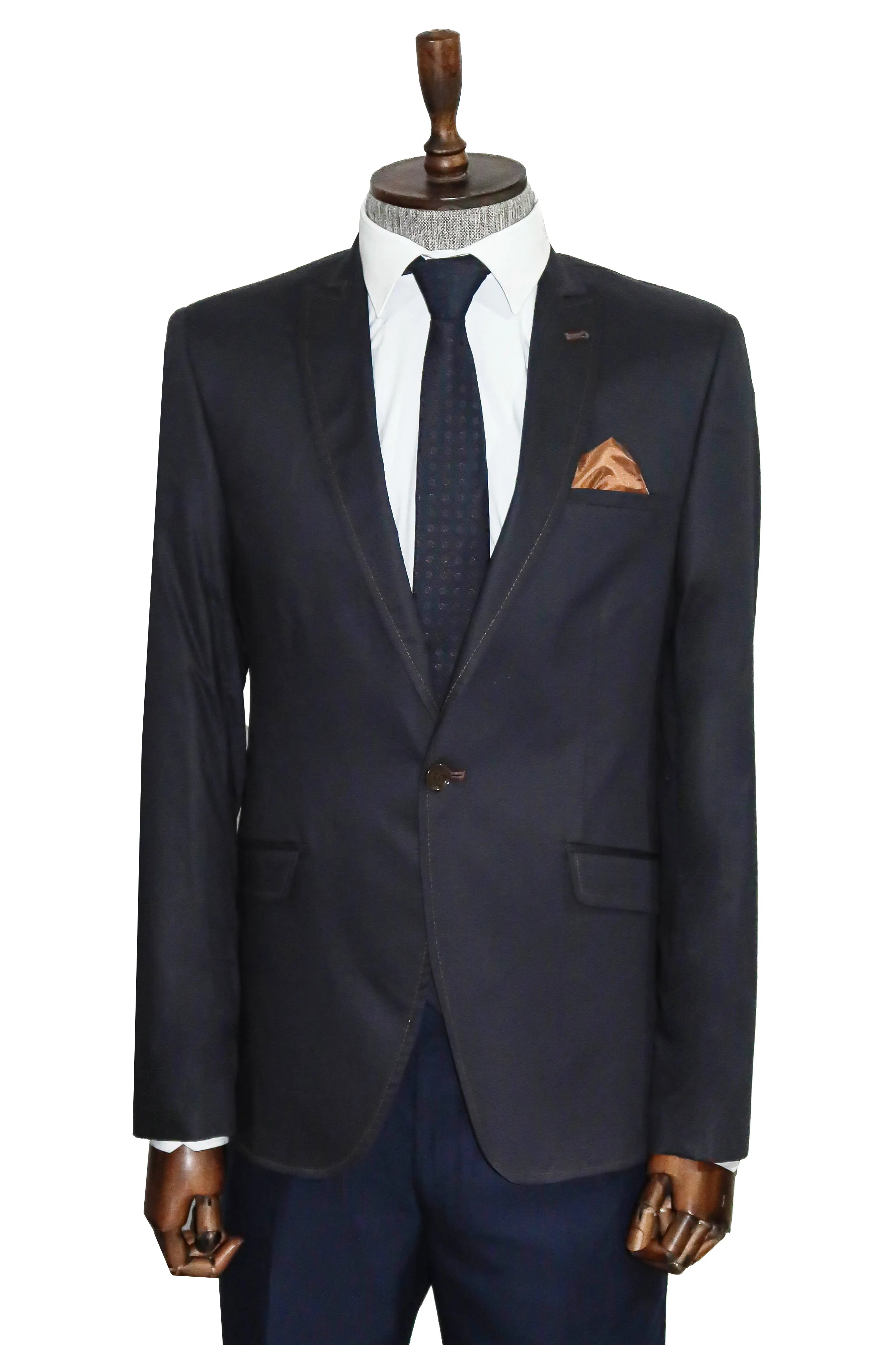 Single Button Cotton Mono Lapel Navy Blue Jacket-Wessi