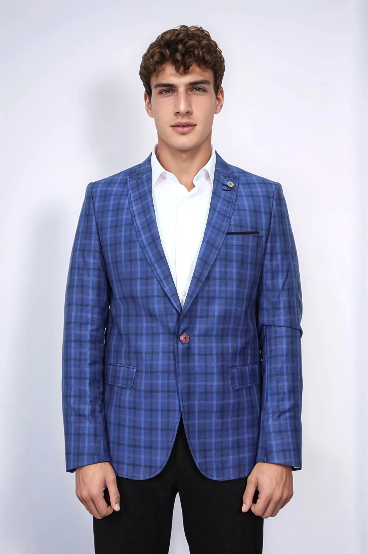 Single Button Pointed Collar Plaid Navy Blue Jacket-Wessi