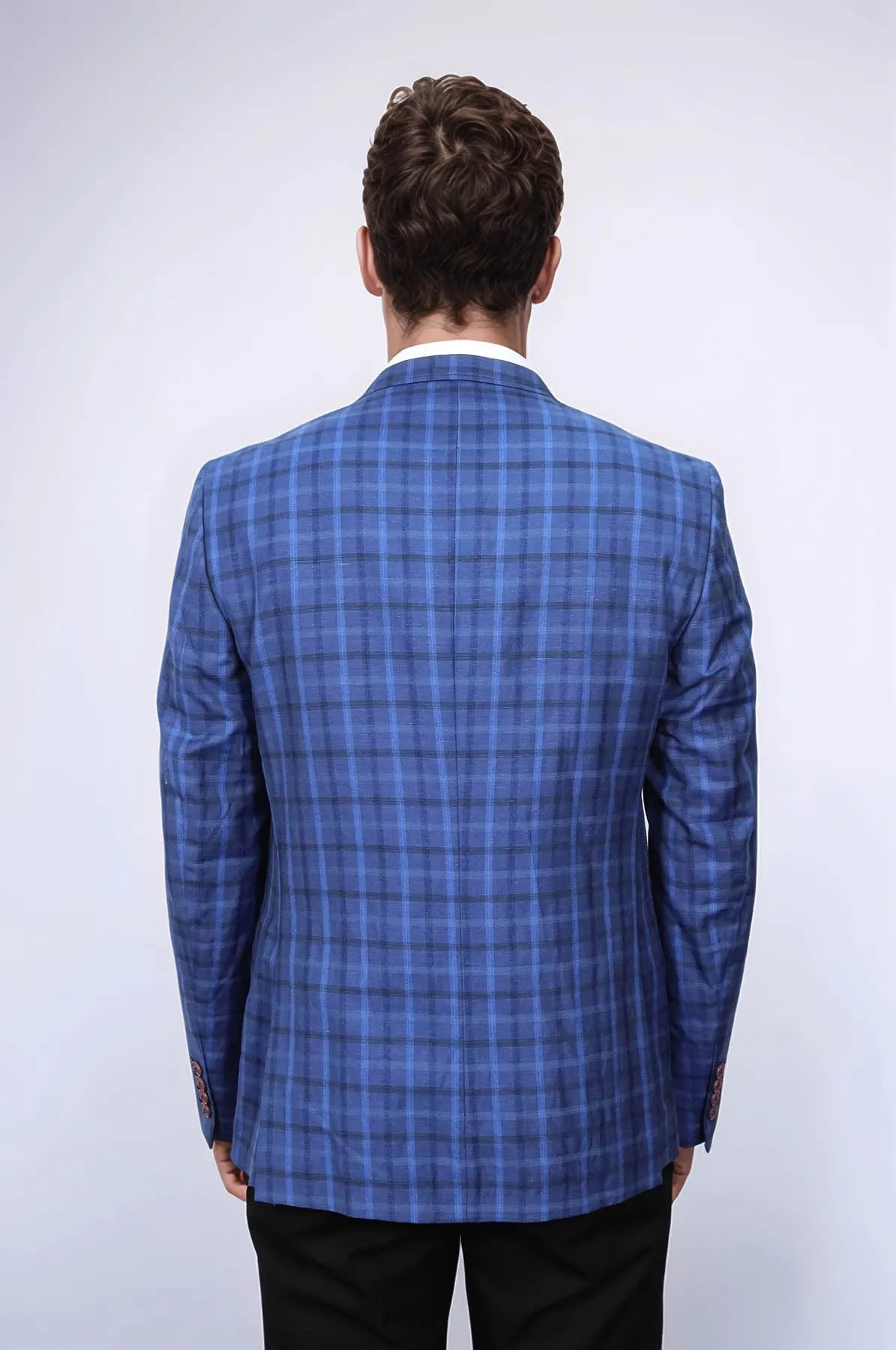 Single Button Pointed Collar Plaid Navy Blue Jacket-Wessi