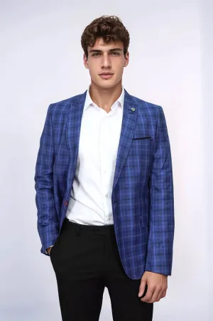 Single Button Pointed Collar Plaid Navy Blue Jacket-Wessi