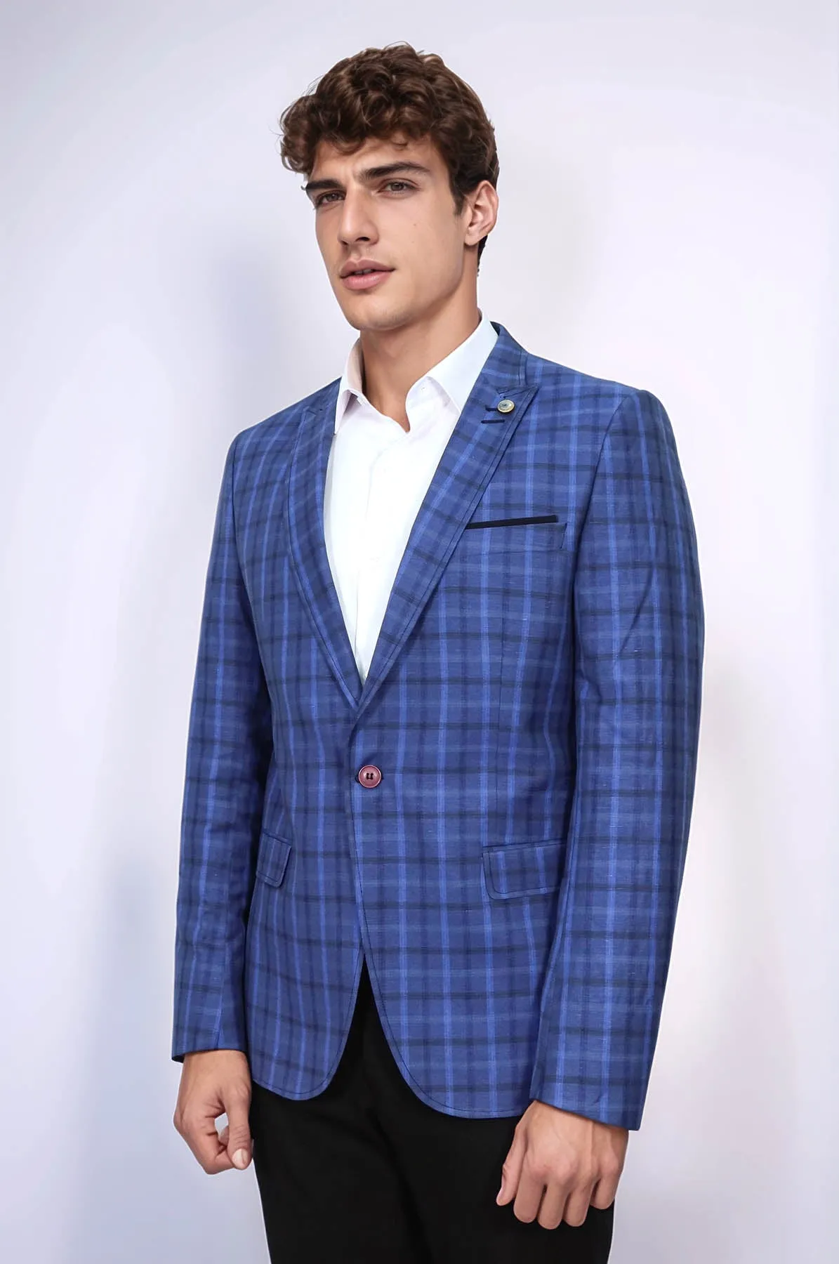 Single Button Pointed Collar Plaid Navy Blue Jacket-Wessi