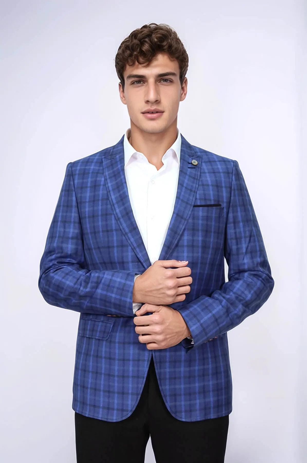 Single Button Pointed Collar Plaid Navy Blue Jacket-Wessi