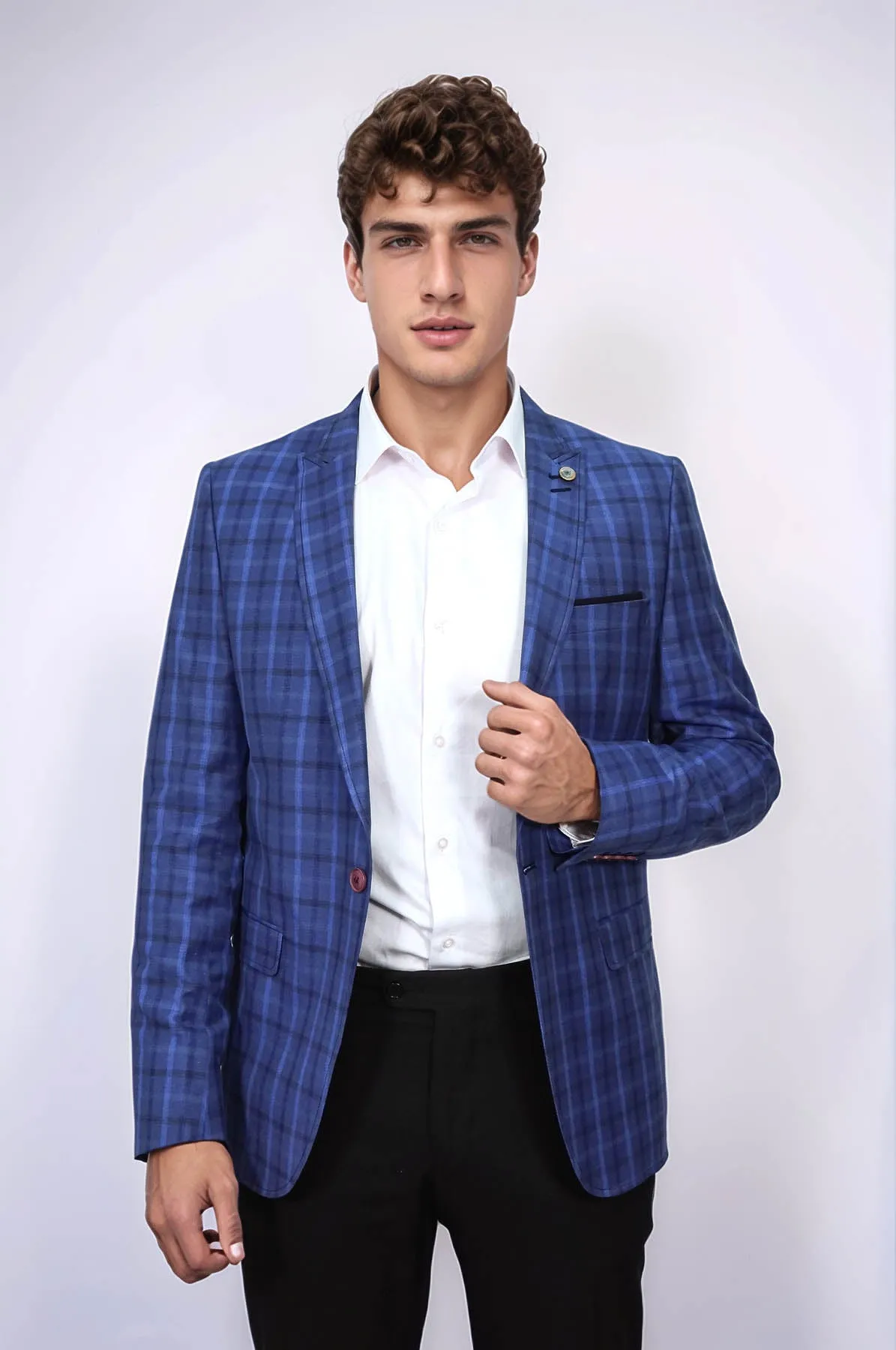 Single Button Pointed Collar Plaid Navy Blue Jacket-Wessi