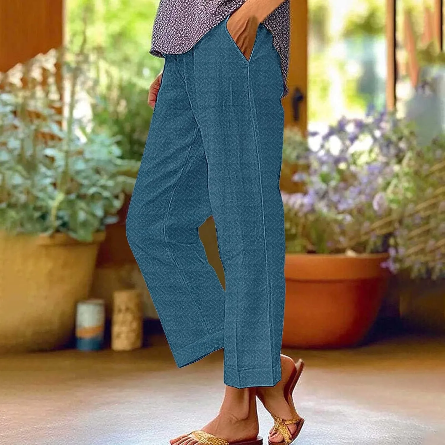 Summer Linen Pants for Women Wide Leg Boho Floral Printed Loose Palazzo Beach Trousers with Drawstring and Pockets