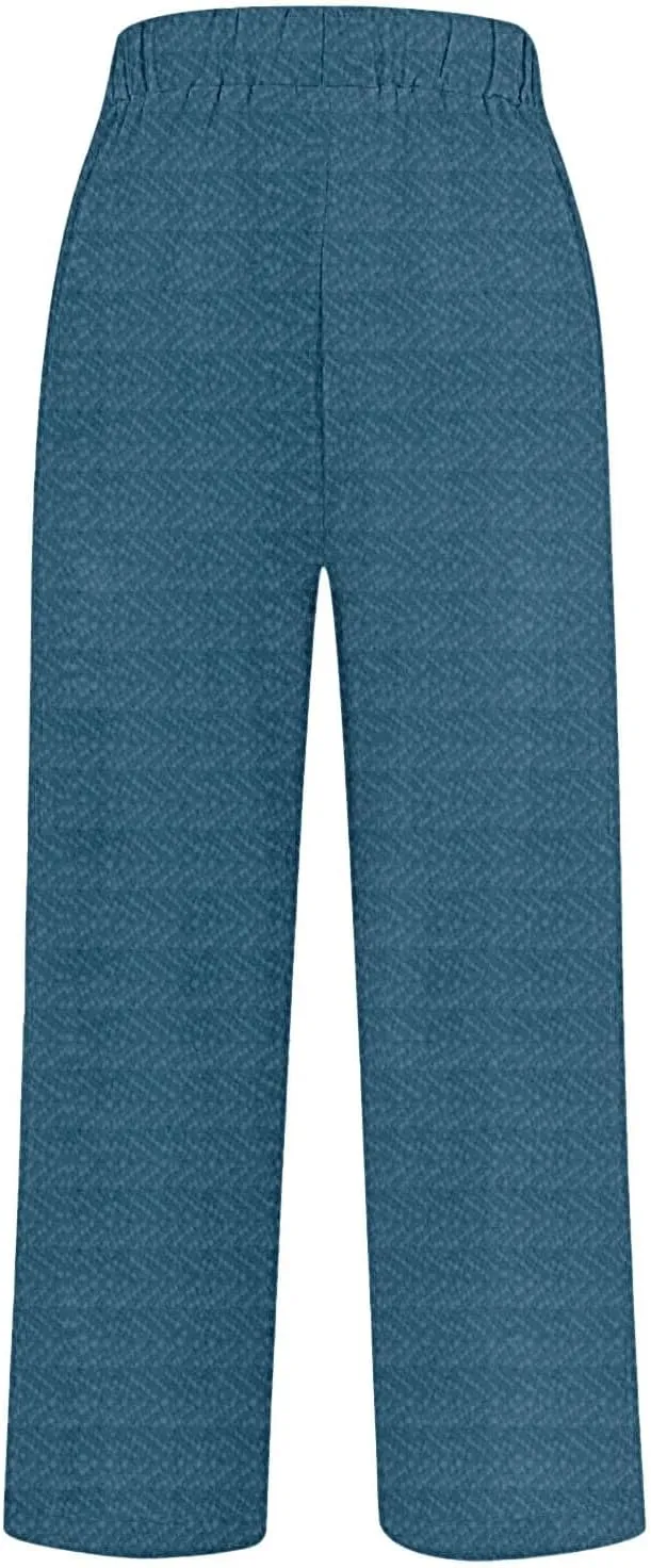 Summer Linen Pants for Women Wide Leg Boho Floral Printed Loose Palazzo Beach Trousers with Drawstring and Pockets