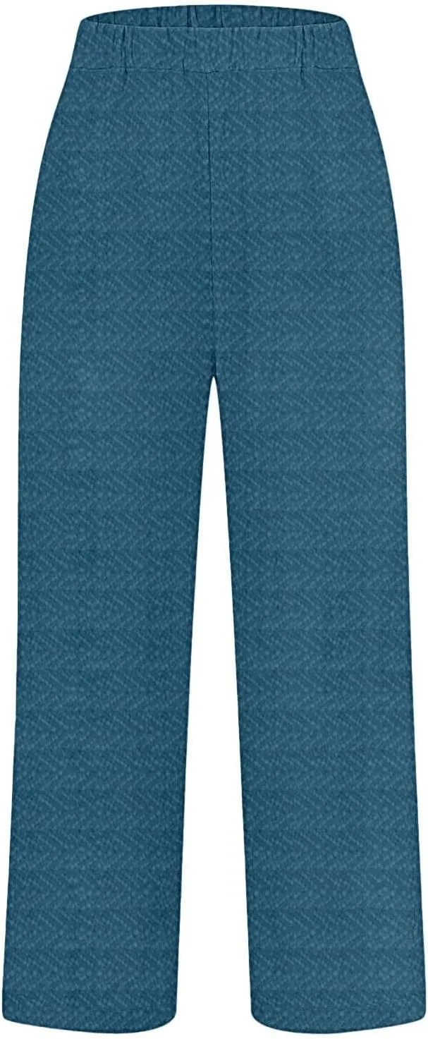 Summer Linen Pants for Women Wide Leg Boho Floral Printed Loose Palazzo Beach Trousers with Drawstring and Pockets