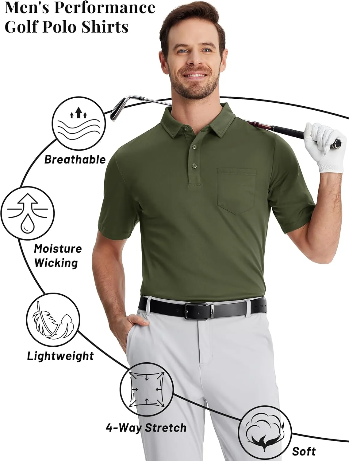 TACVASEN Mens Polo Shirt Short Sleeve Golf Shirt with Pocket Quick Dry Collared Lightweight Polo for Men Casual Work