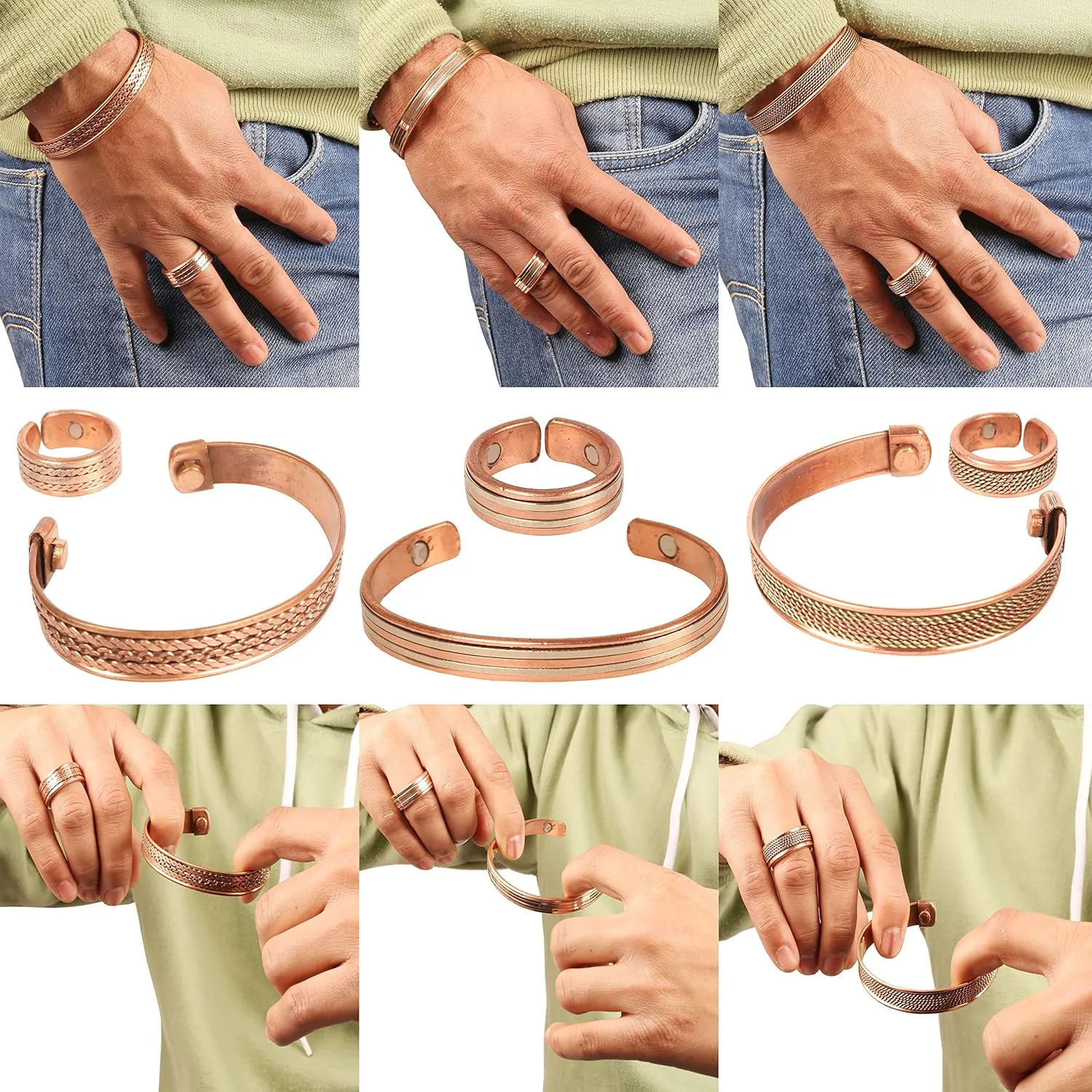 Touchstone Handcrafted Copper Magnetic Hand Forged with Solid and High Gauge Tibetan Style Minimalistic Elegance Copper Bracelet and Matching Ring.