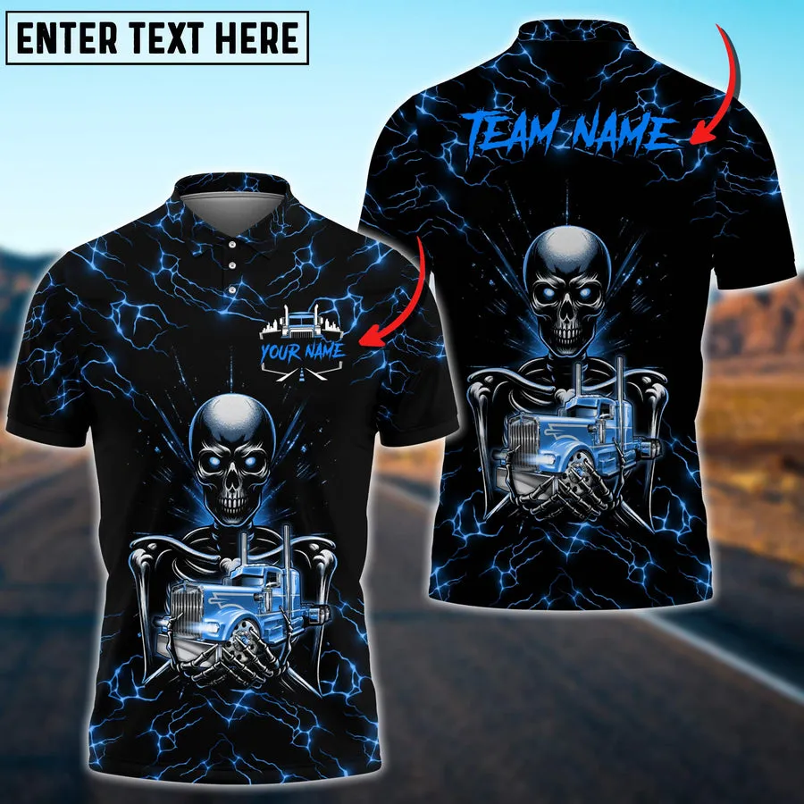 Truck Lighting Skeleton Multicolor Option Personalized Name 3D Polo Shirt For Truck Driver