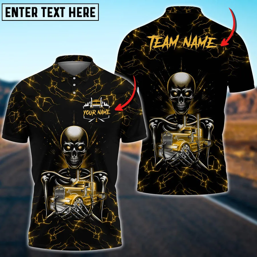 Truck Lighting Skeleton Multicolor Option Personalized Name 3D Polo Shirt For Truck Driver
