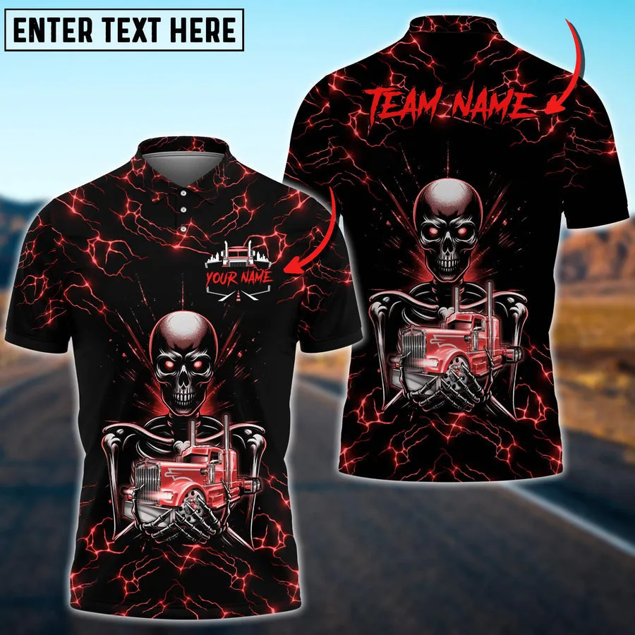 Truck Lighting Skeleton Multicolor Option Personalized Name 3D Polo Shirt For Truck Driver