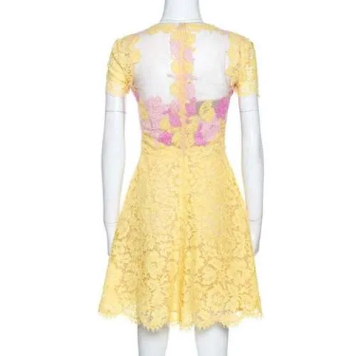 Valentino SO ELEGANT Yellow & Pink Lace Tulle Scalloped Hem Dress I 42 UK 10 US6 ladies