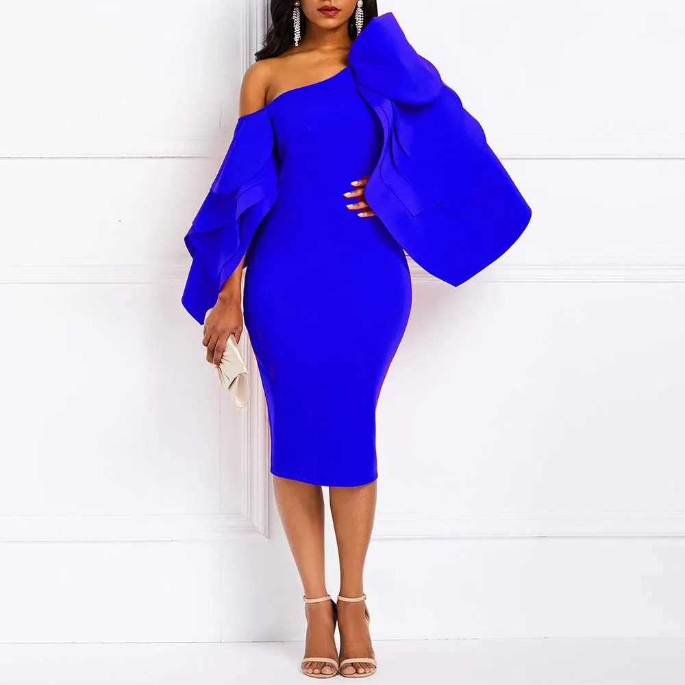 VERWIN Bodycon Dress for Woman Long Sleeve Knee-Length Ruffle Sleeve Off Shoulder Evening Dress
