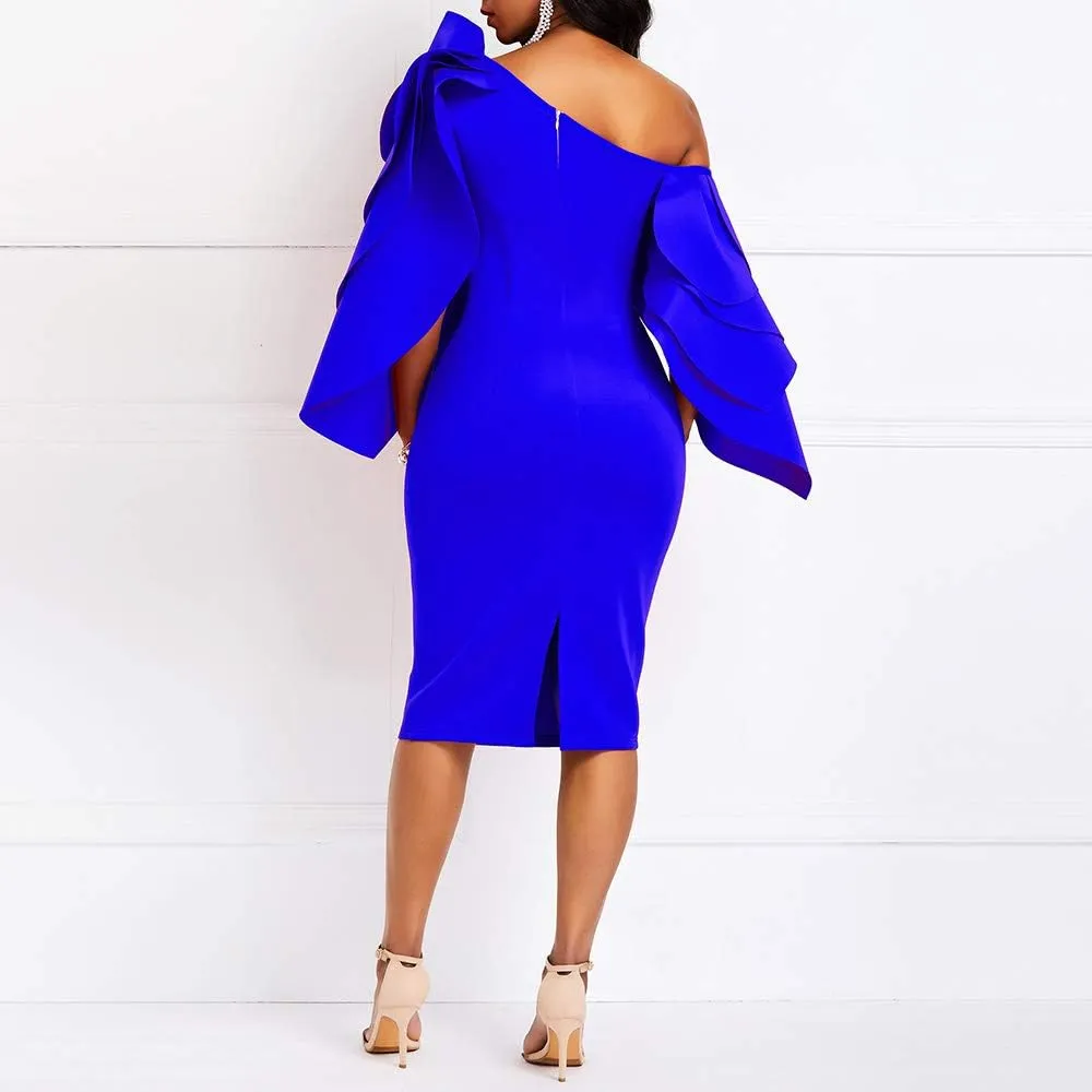 VERWIN Bodycon Dress for Woman Long Sleeve Knee-Length Ruffle Sleeve Off Shoulder Evening Dress