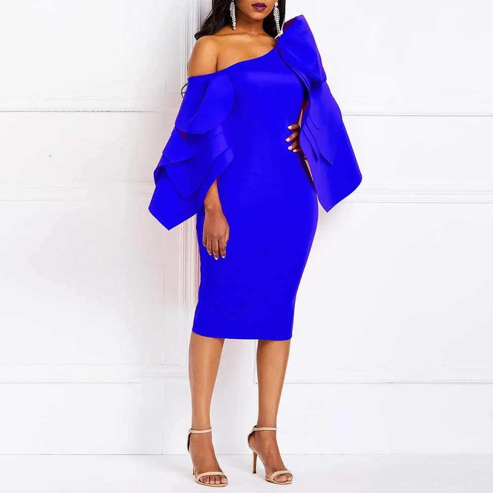 VERWIN Bodycon Dress for Woman Long Sleeve Knee-Length Ruffle Sleeve Off Shoulder Evening Dress