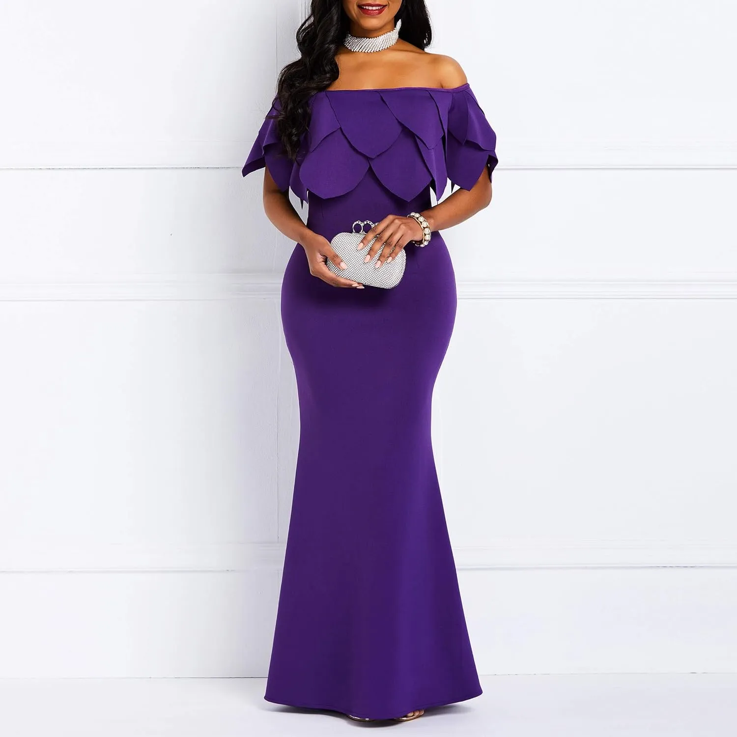 VERWIN Bodycon Dress for Woman Long Sleeve Knee-Length Ruffle Sleeve Off Shoulder Evening Dress