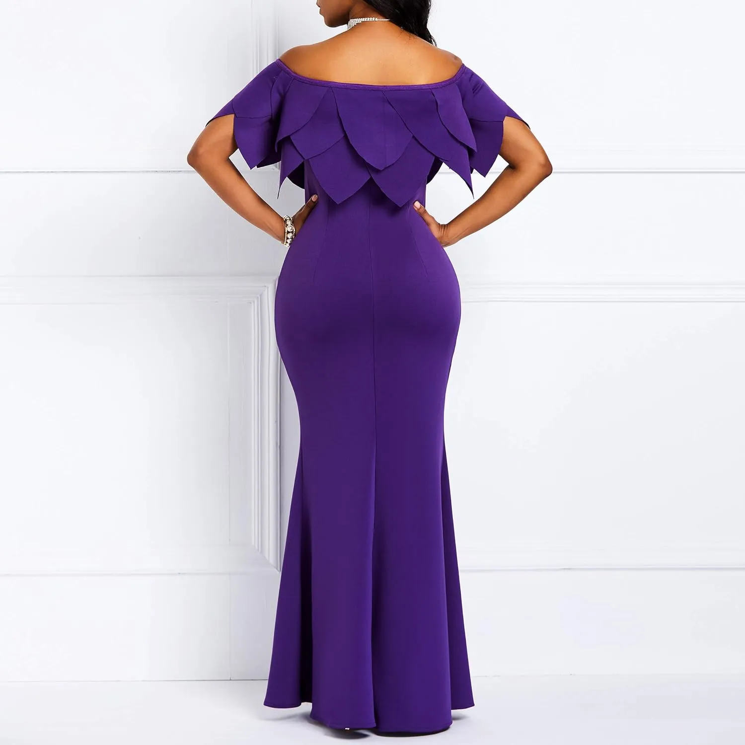 VERWIN Bodycon Dress for Woman Long Sleeve Knee-Length Ruffle Sleeve Off Shoulder Evening Dress