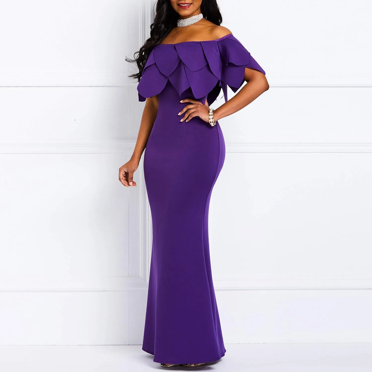 VERWIN Bodycon Dress for Woman Long Sleeve Knee-Length Ruffle Sleeve Off Shoulder Evening Dress