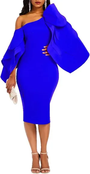 VERWIN Bodycon Dress for Woman Long Sleeve Knee-Length Ruffle Sleeve Off Shoulder Evening Dress