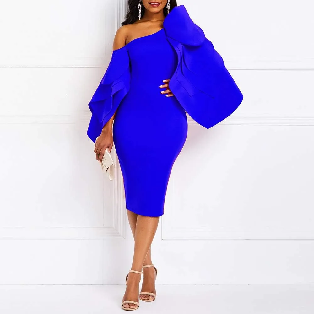 VERWIN Bodycon Dress for Woman Long Sleeve Knee-Length Ruffle Sleeve Off Shoulder Evening Dress