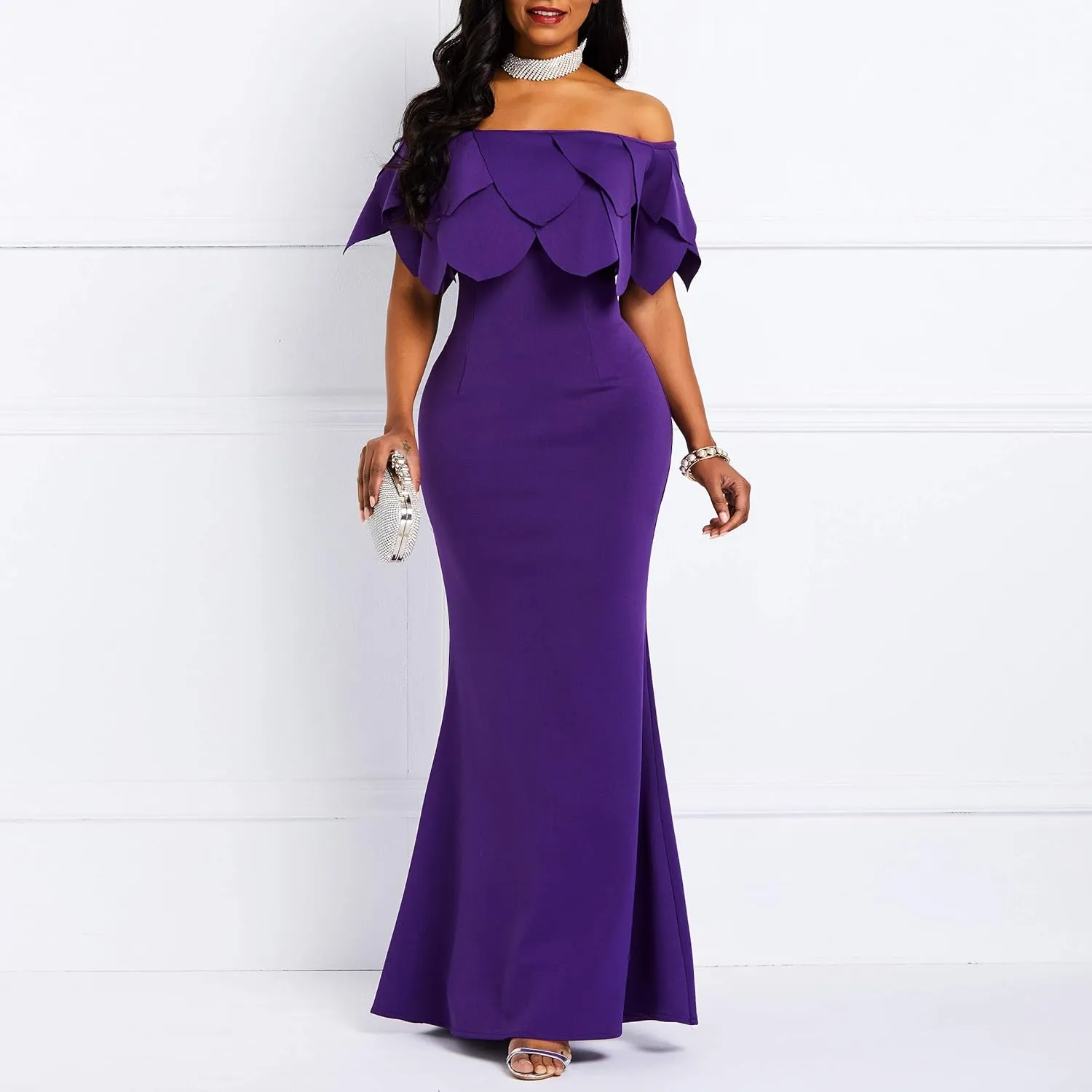 VERWIN Bodycon Dress for Woman Long Sleeve Knee-Length Ruffle Sleeve Off Shoulder Evening Dress