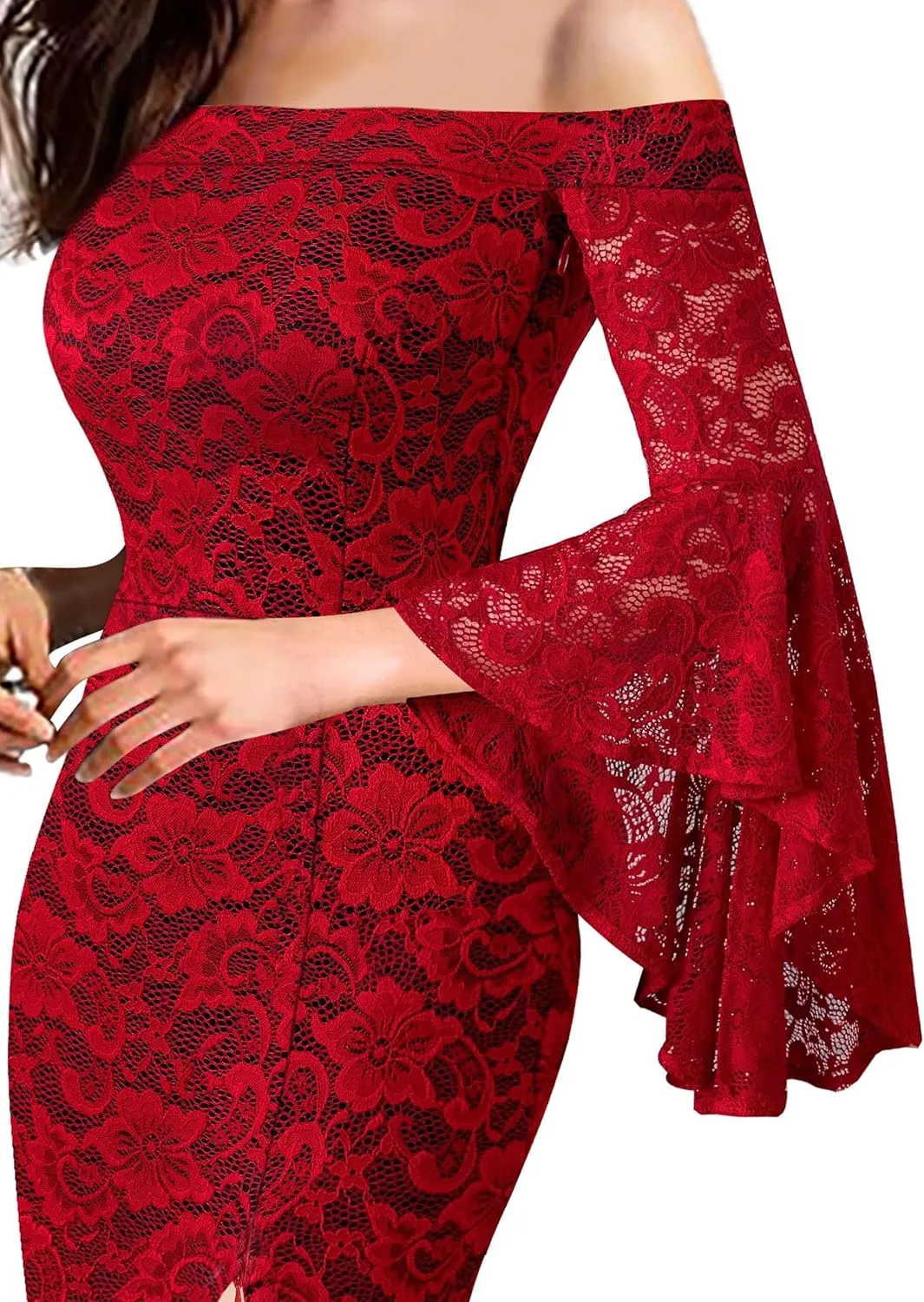 VFSHOW Womens Off Shoulder Bell Sleeve Formal Evening Wedding Party Maxi Dress