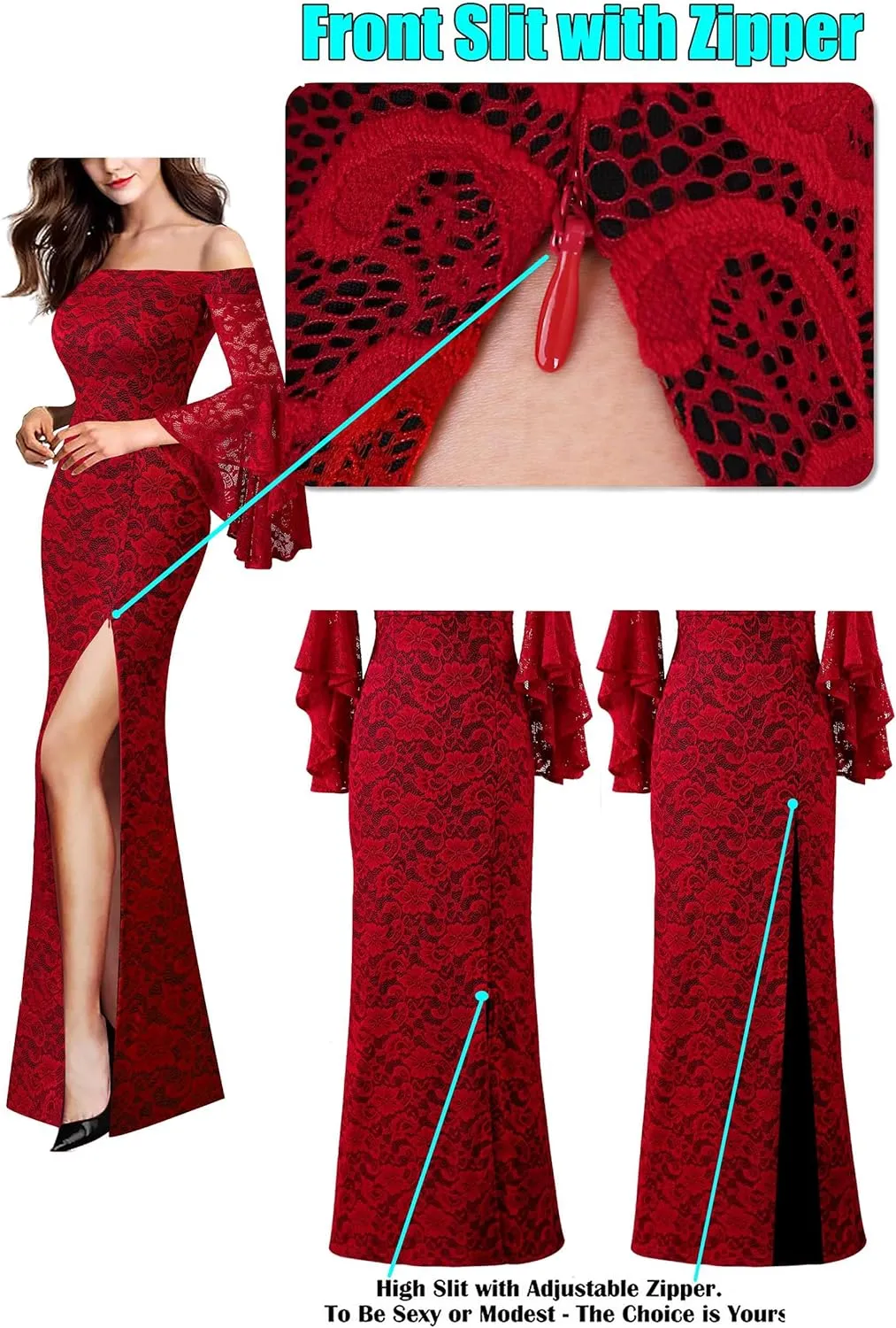 VFSHOW Womens Off Shoulder Bell Sleeve Formal Evening Wedding Party Maxi Dress