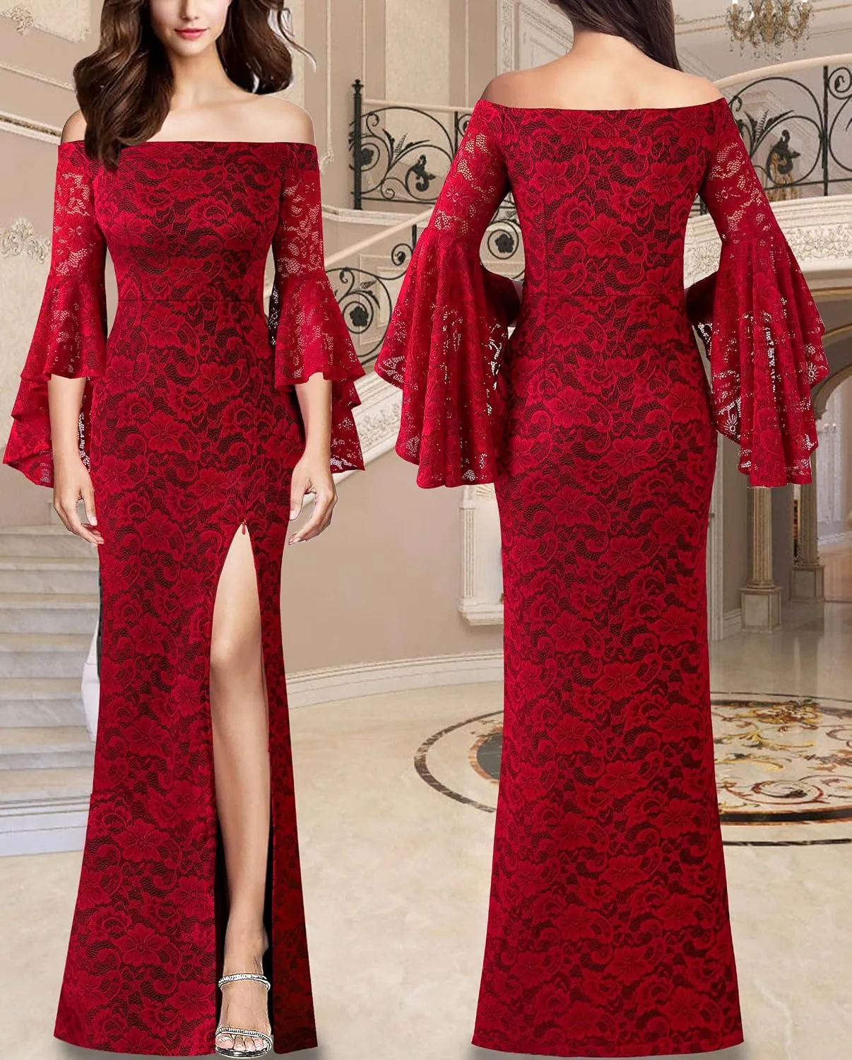 VFSHOW Womens Off Shoulder Bell Sleeve Formal Evening Wedding Party Maxi Dress