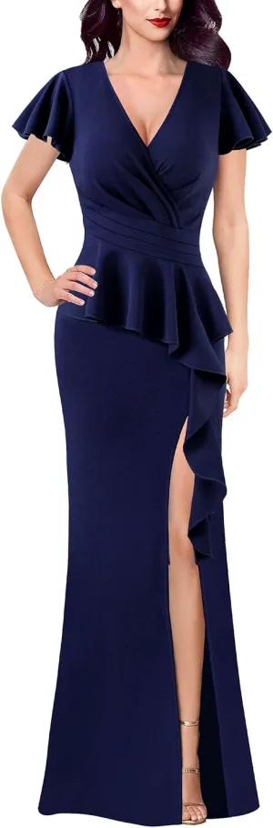 VFSHOW Womens Ruched Wrap V Neck Ruffle Formal Prom Peplum High Slit Maxi Dress 2023 Wedding Guest Cocktail Evening Long Gown