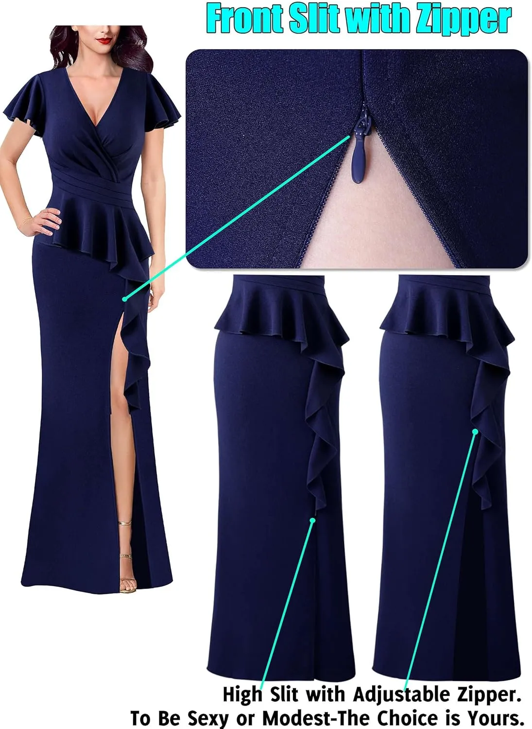 VFSHOW Womens Ruched Wrap V Neck Ruffle Formal Prom Peplum High Slit Maxi Dress 2023 Wedding Guest Cocktail Evening Long Gown