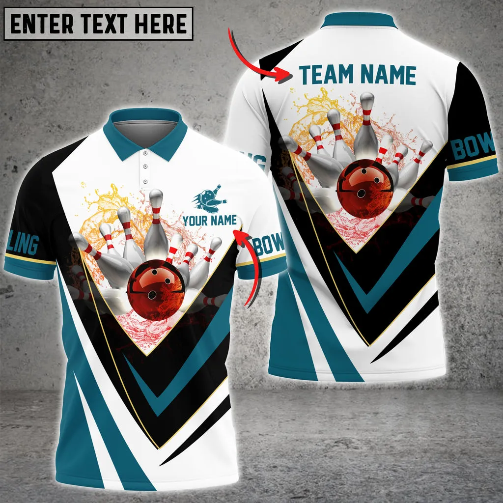 Water Bowling And Pins Multicolor Customized Name 3D Shirt, Custom Bowling Polo for Men