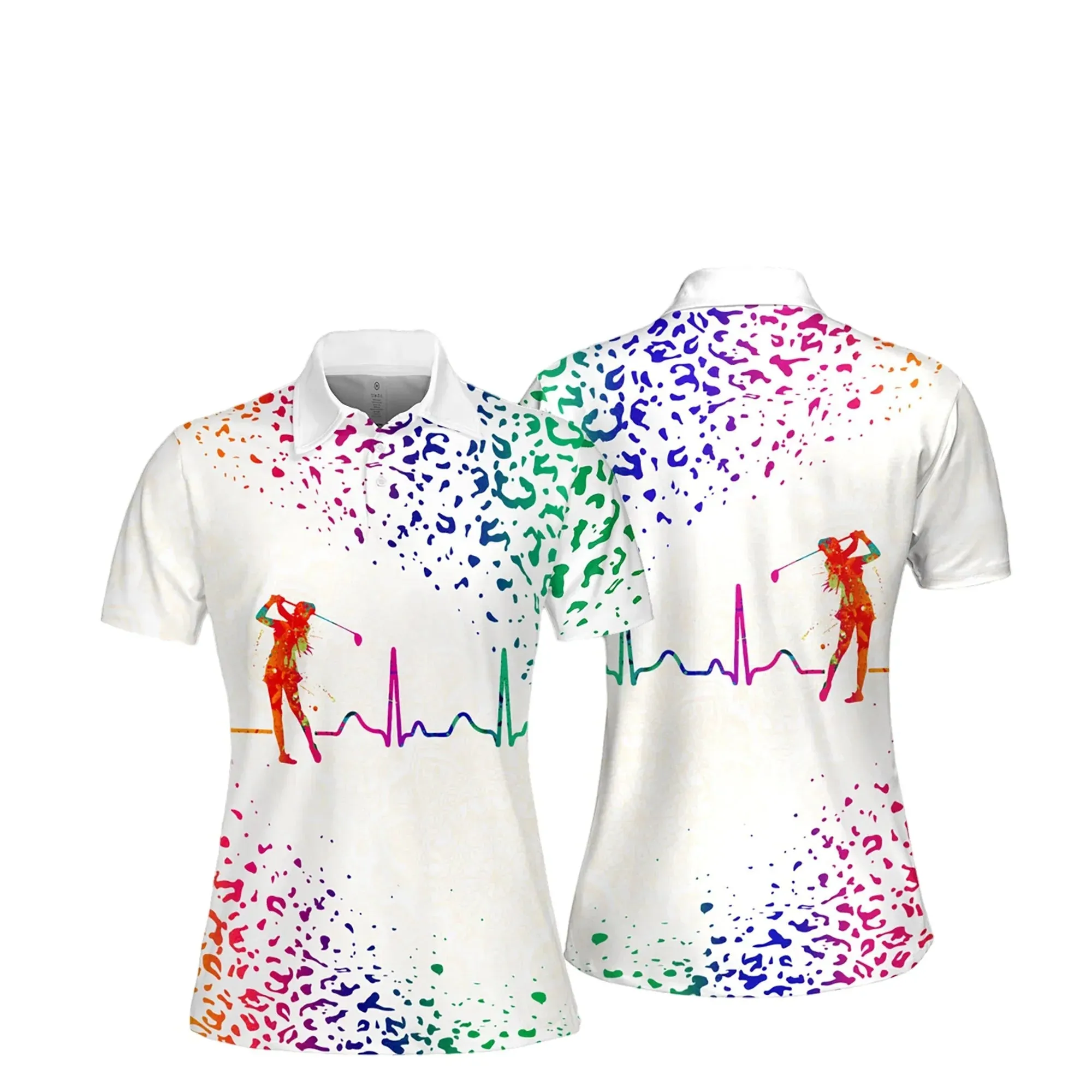 Watercolor Leopard Golf Heart Beat Women Short Sleeve Polo Shirt, Women’s Jersey Polo Shirt