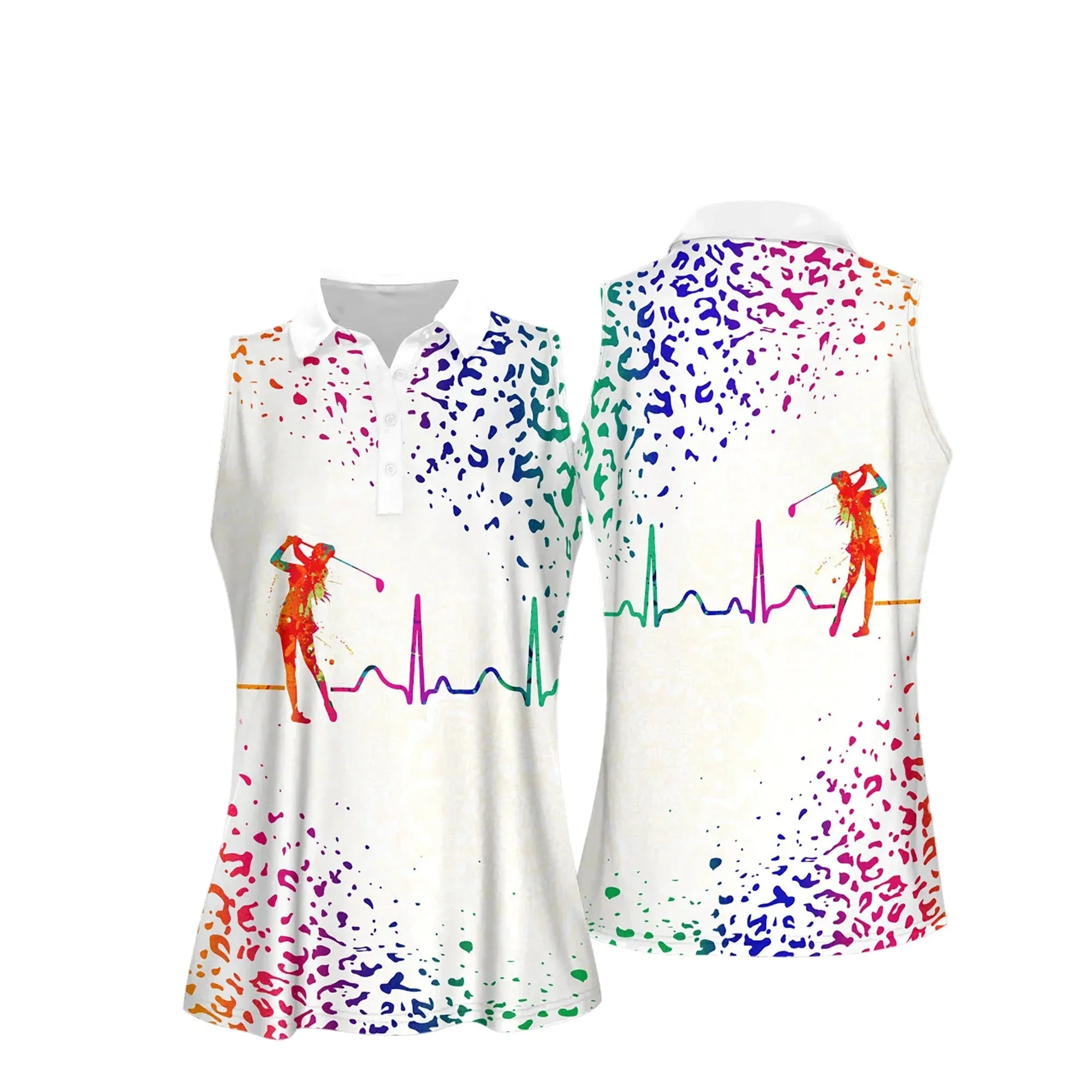 Watercolor Leopard Golf Heart Beat Women Short Sleeve Polo Shirt, Women’s Jersey Polo Shirt