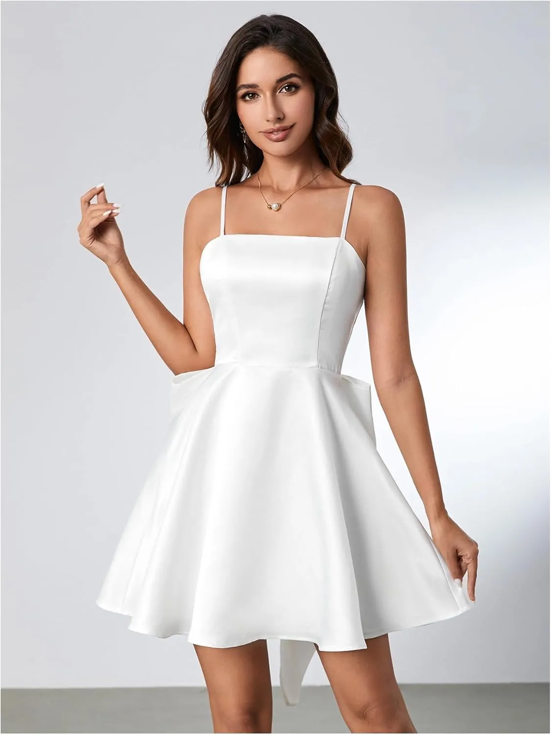 WDIRARA Women's Satin Bow Homecoming Dresses Spaghetti Strap Wedding Guest Gown Summer Mini Dress