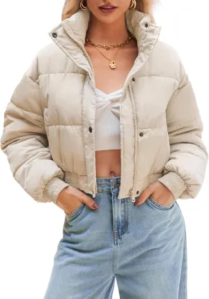 WHN Womens Cropped Jacket Puffer Lightweight Quilted Jackets Long Sleeve Stand Collar Zipper Winter Outerwear Coat