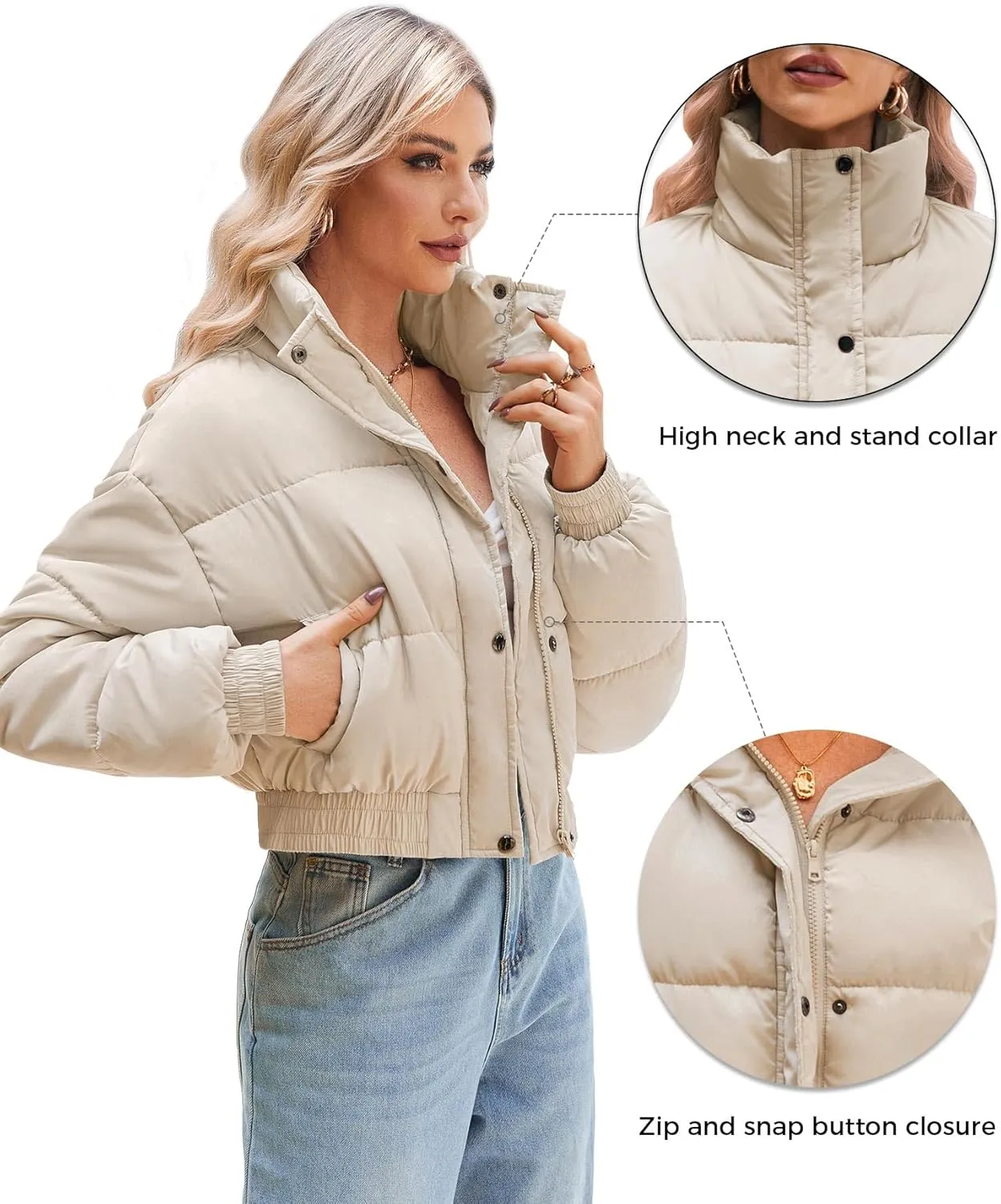 WHN Womens Cropped Jacket Puffer Lightweight Quilted Jackets Long Sleeve Stand Collar Zipper Winter Outerwear Coat