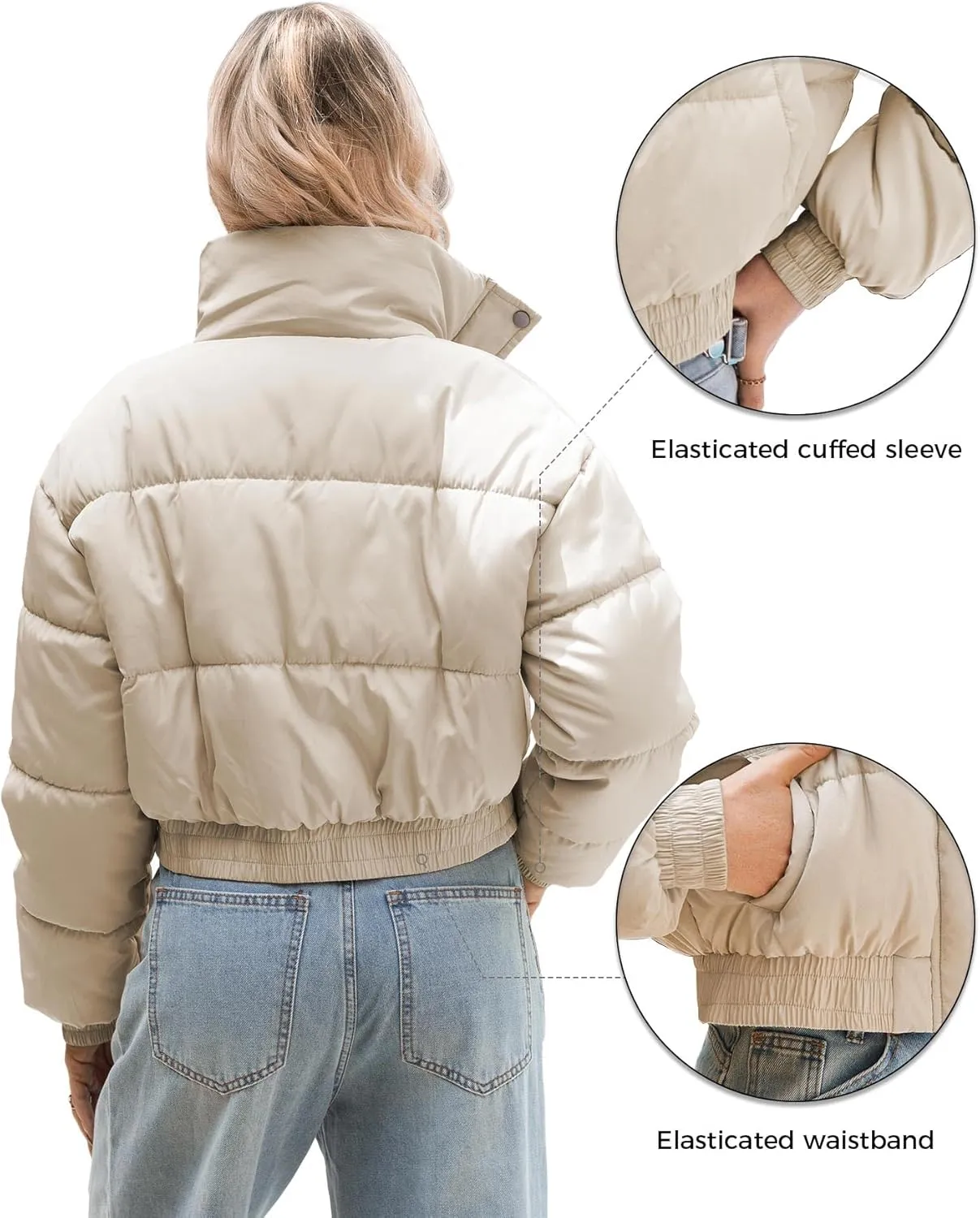 WHN Womens Cropped Jacket Puffer Lightweight Quilted Jackets Long Sleeve Stand Collar Zipper Winter Outerwear Coat