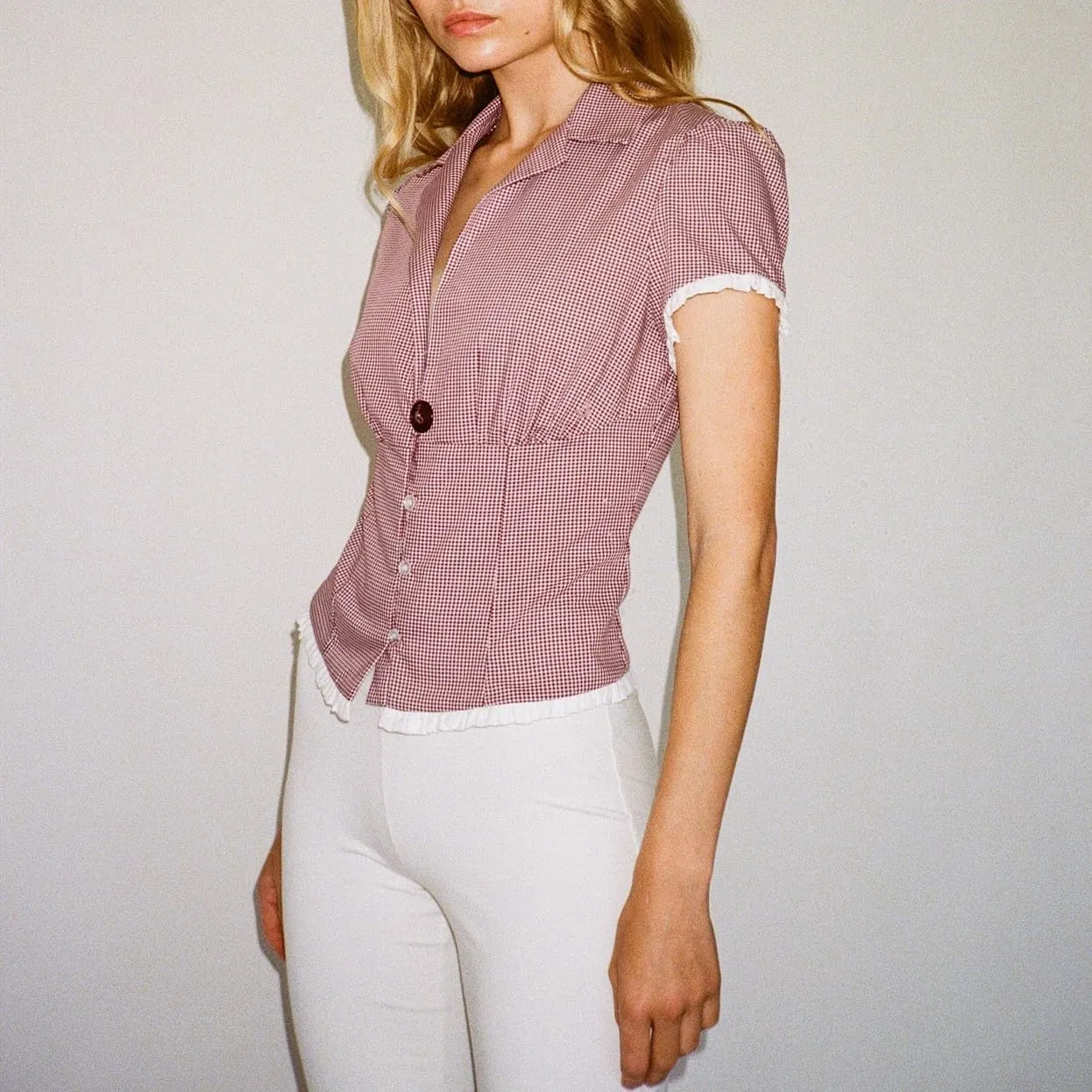 Women Y2k Button Down Shirts Slim Fit Casual Vintage Plaid Lapel Collar Short Sleeve Blouse Tops Streetwear