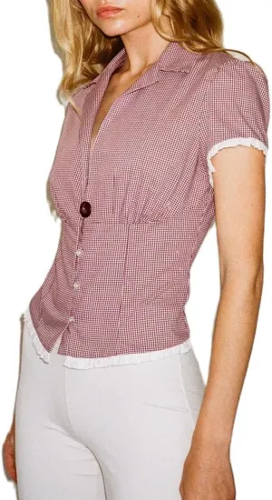 Women Y2k Button Down Shirts Slim Fit Casual Vintage Plaid Lapel Collar Short Sleeve Blouse Tops Streetwear