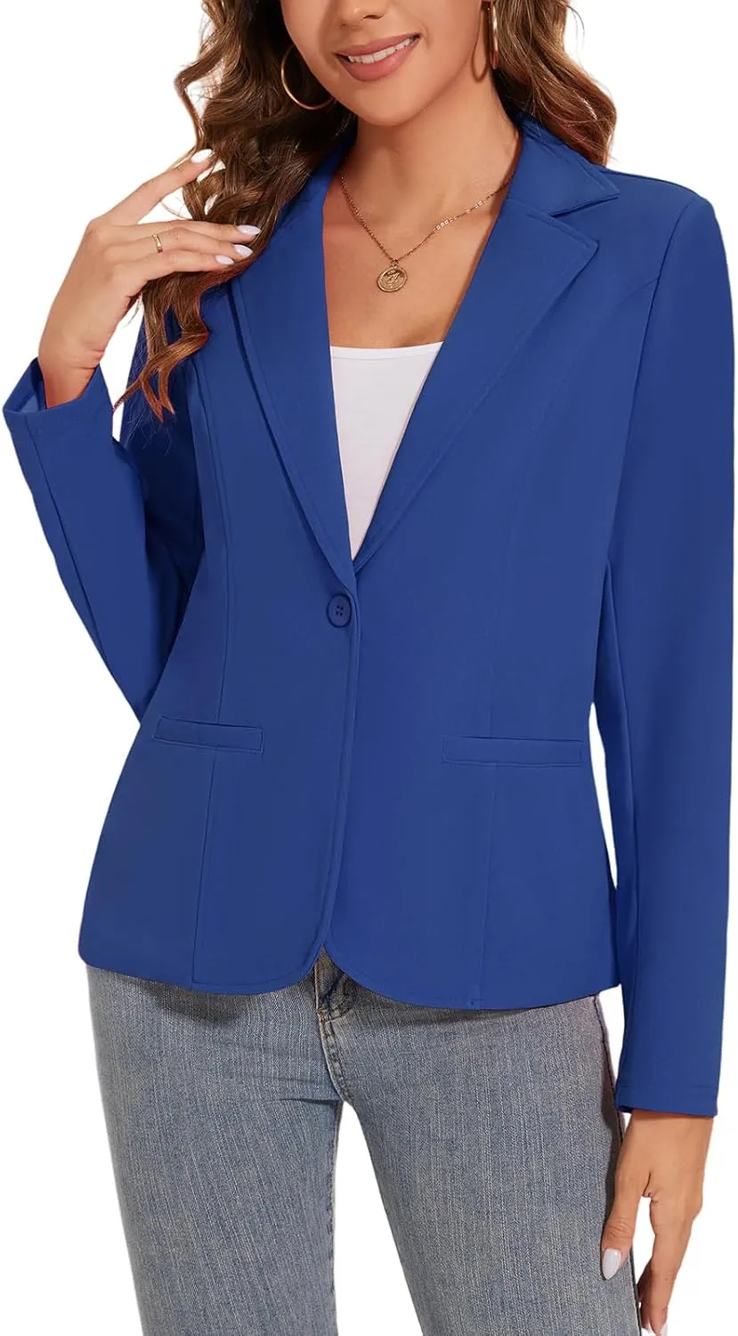 Women's Button Front Blazer Jackets Long Sleeve Lapel Business Casual Office Work Lightweight Blazers with Pocket